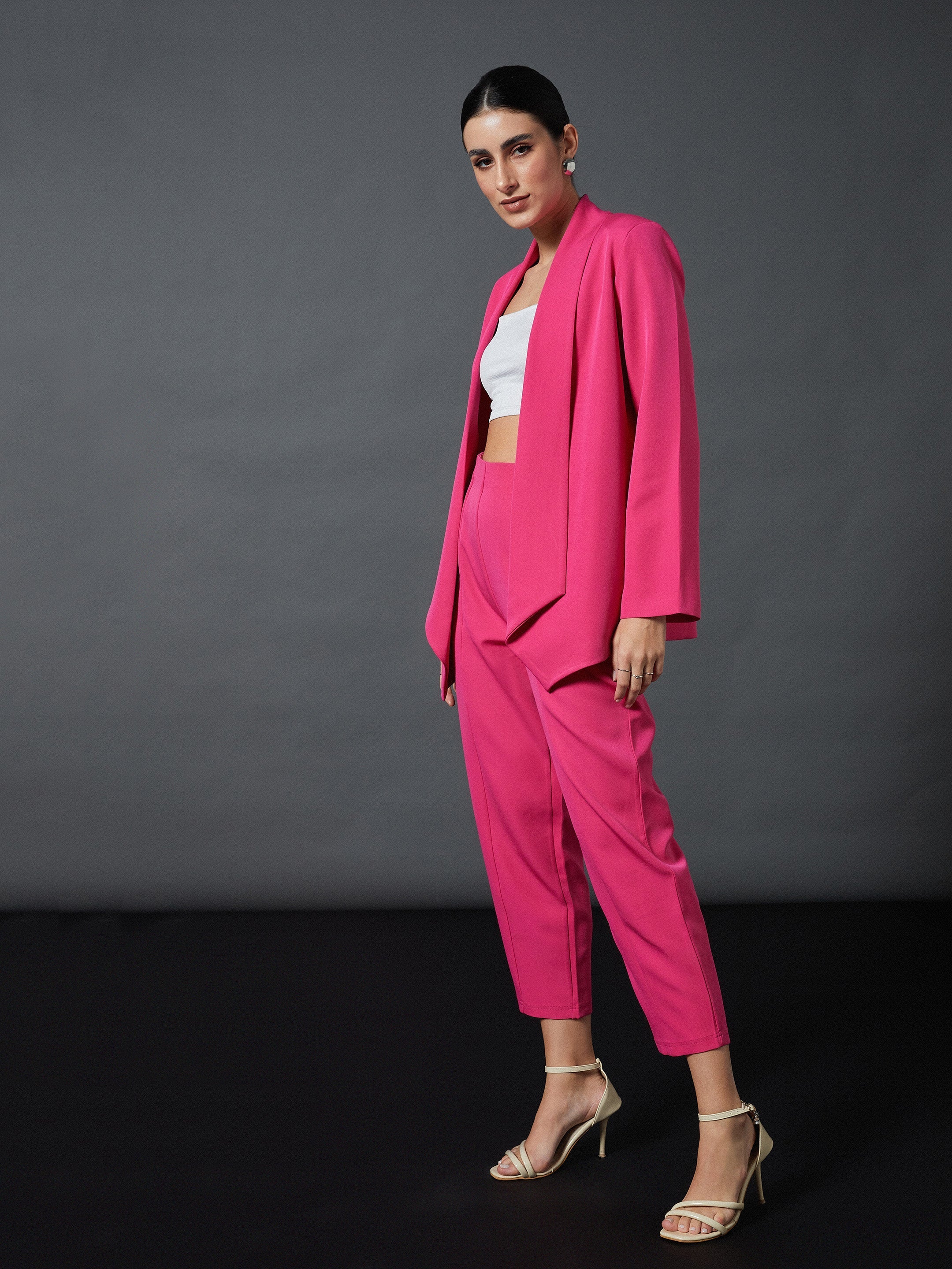 Women Pink Shawl Collar Blazer With Balloon Fit Pants - Image 3