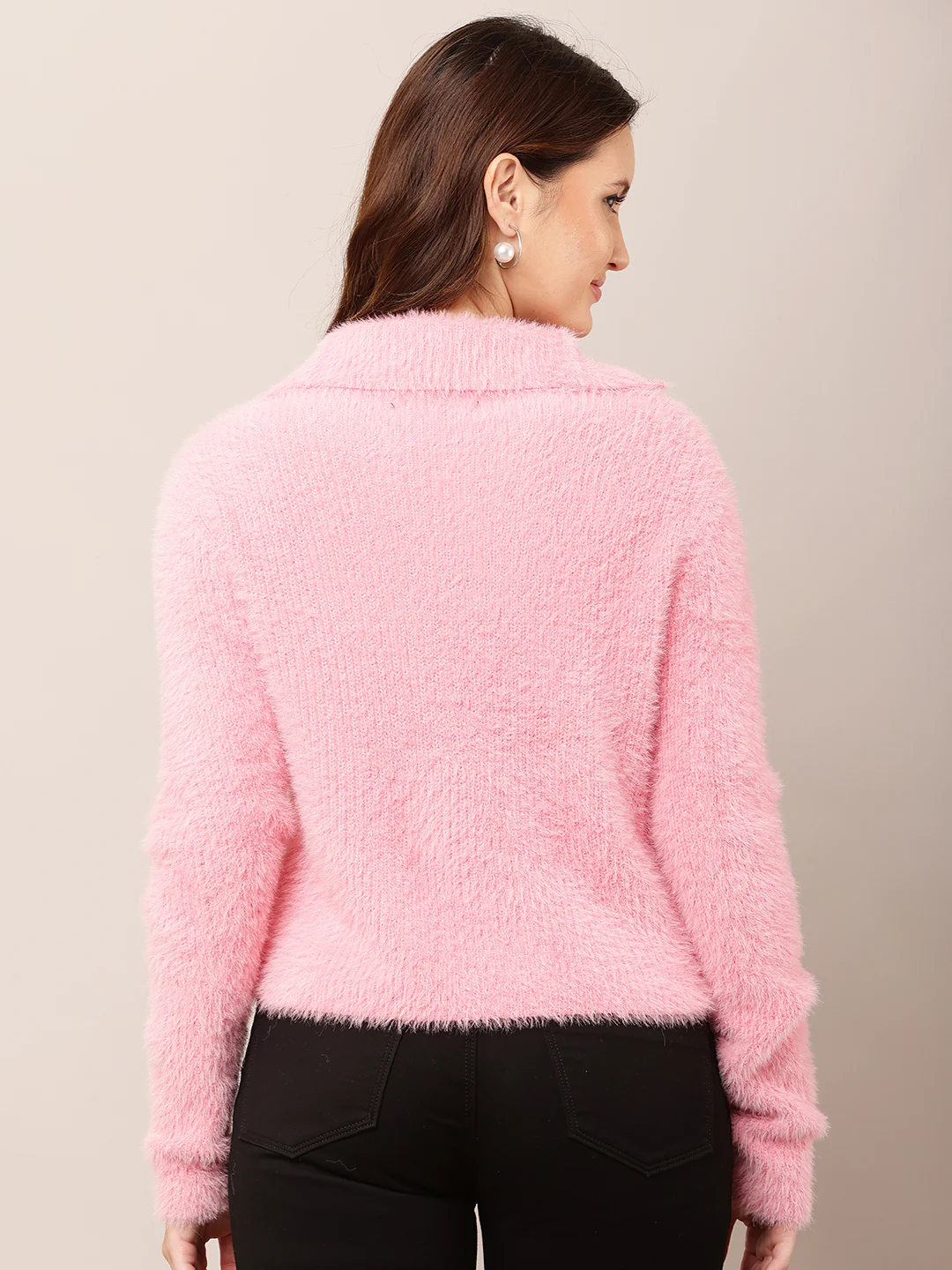 Women Pink Shirt Collar Full Sleeve Sweater - Image 4