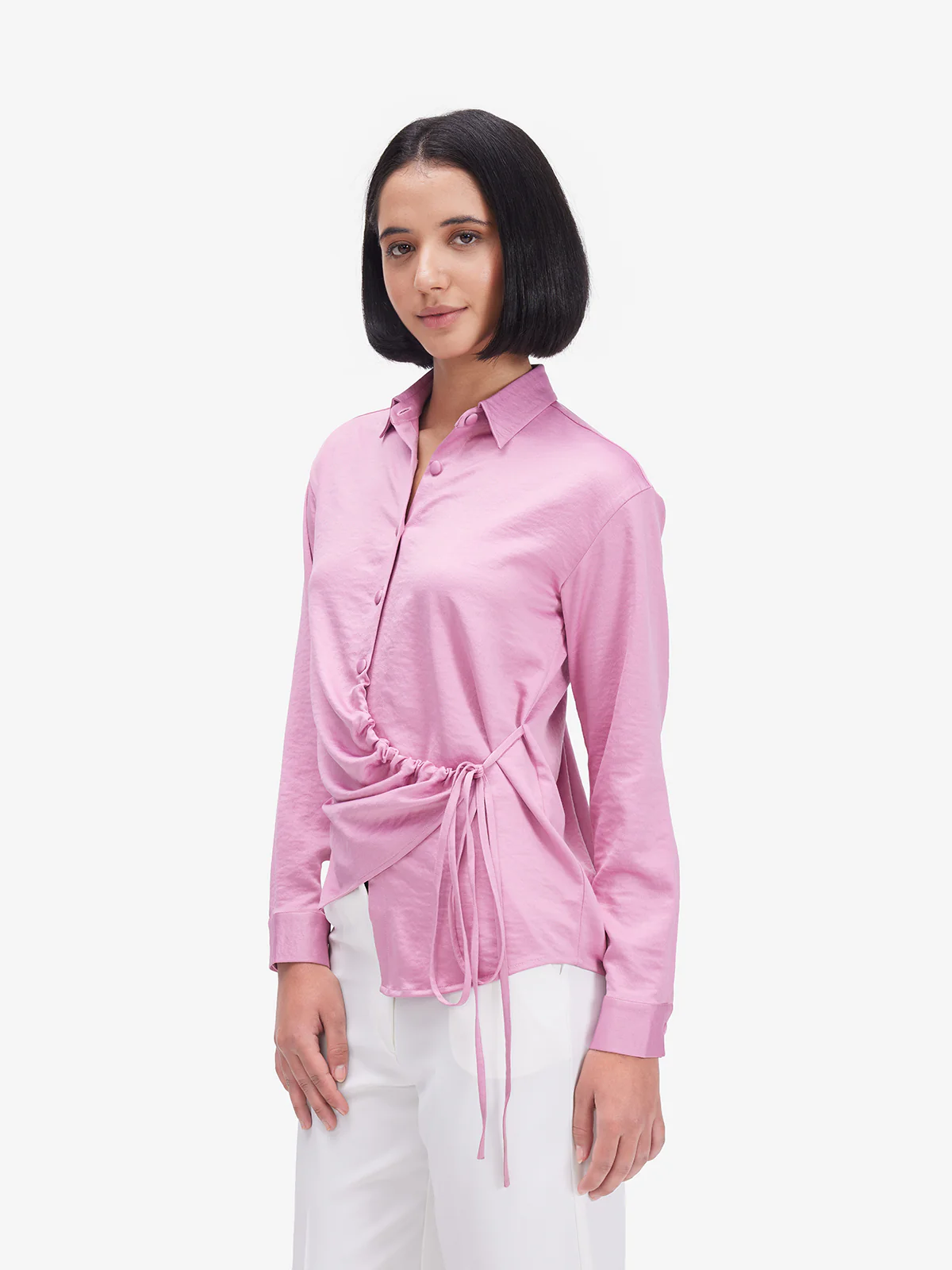 Women Pink Side Knot Detail Shirt - Image 3