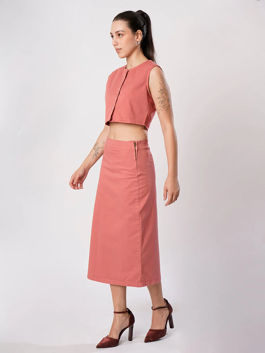 Women Pink Sleeve less top and Skirt Coord Set - Image 2