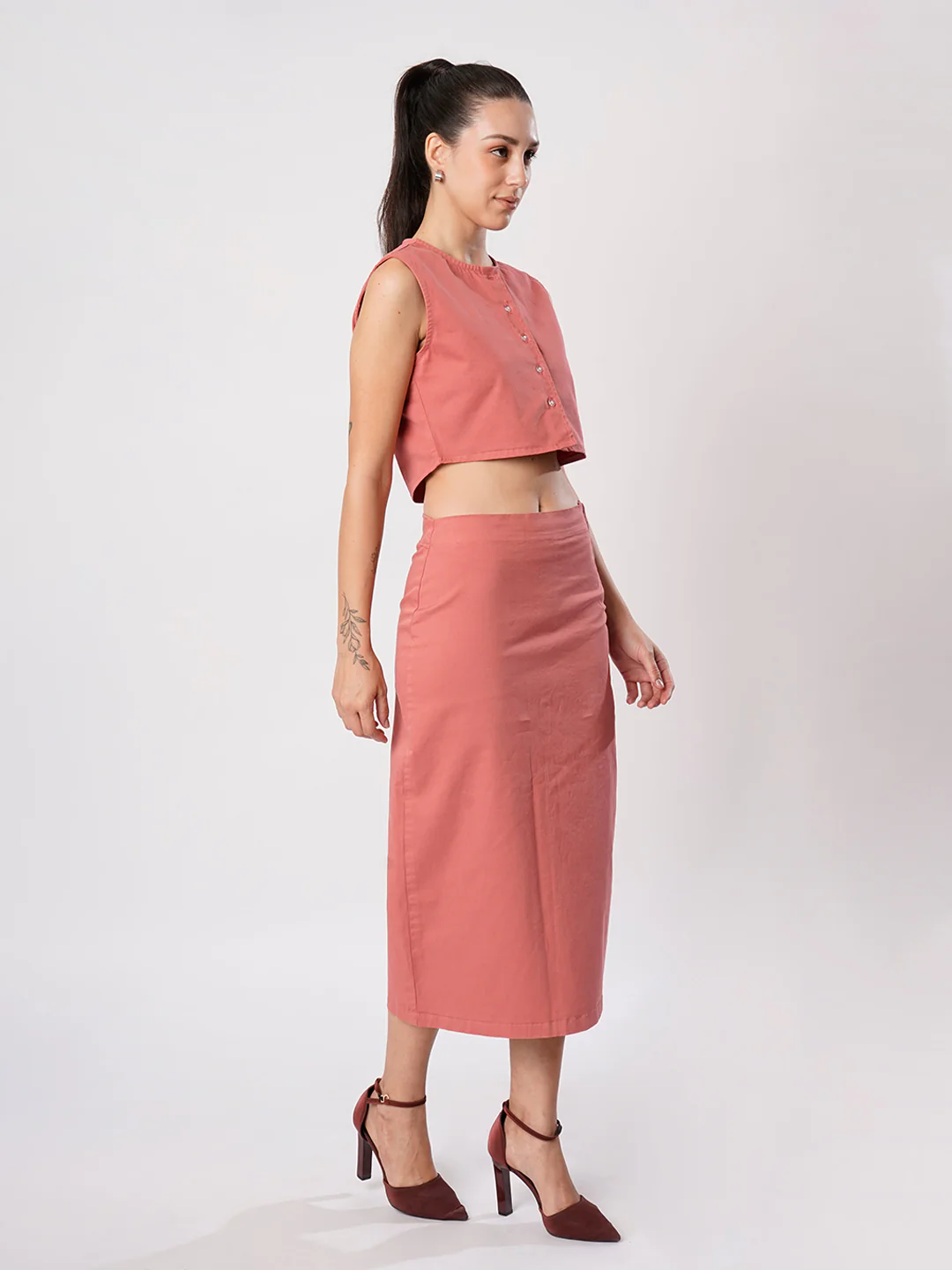 Women Pink Sleeve less top and Skirt Coord Set - Image 3
