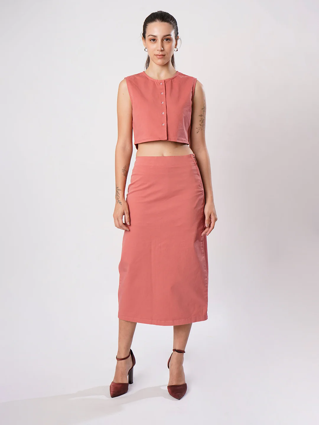 Women Pink Sleeve less top and Skirt Coord Set - Image 7