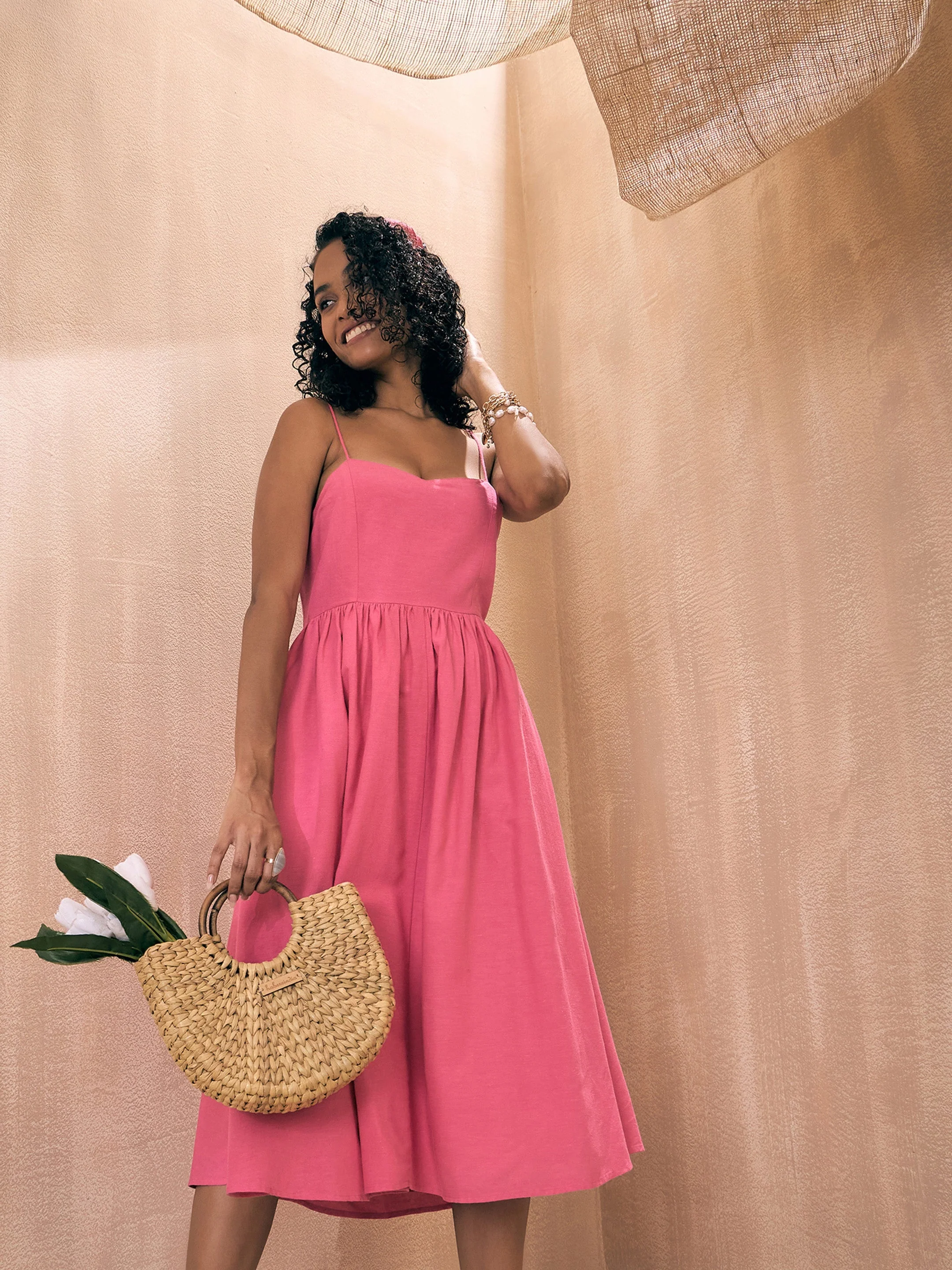 Women Pink Solid Back Tie-Dori Midi Dress - Image 3