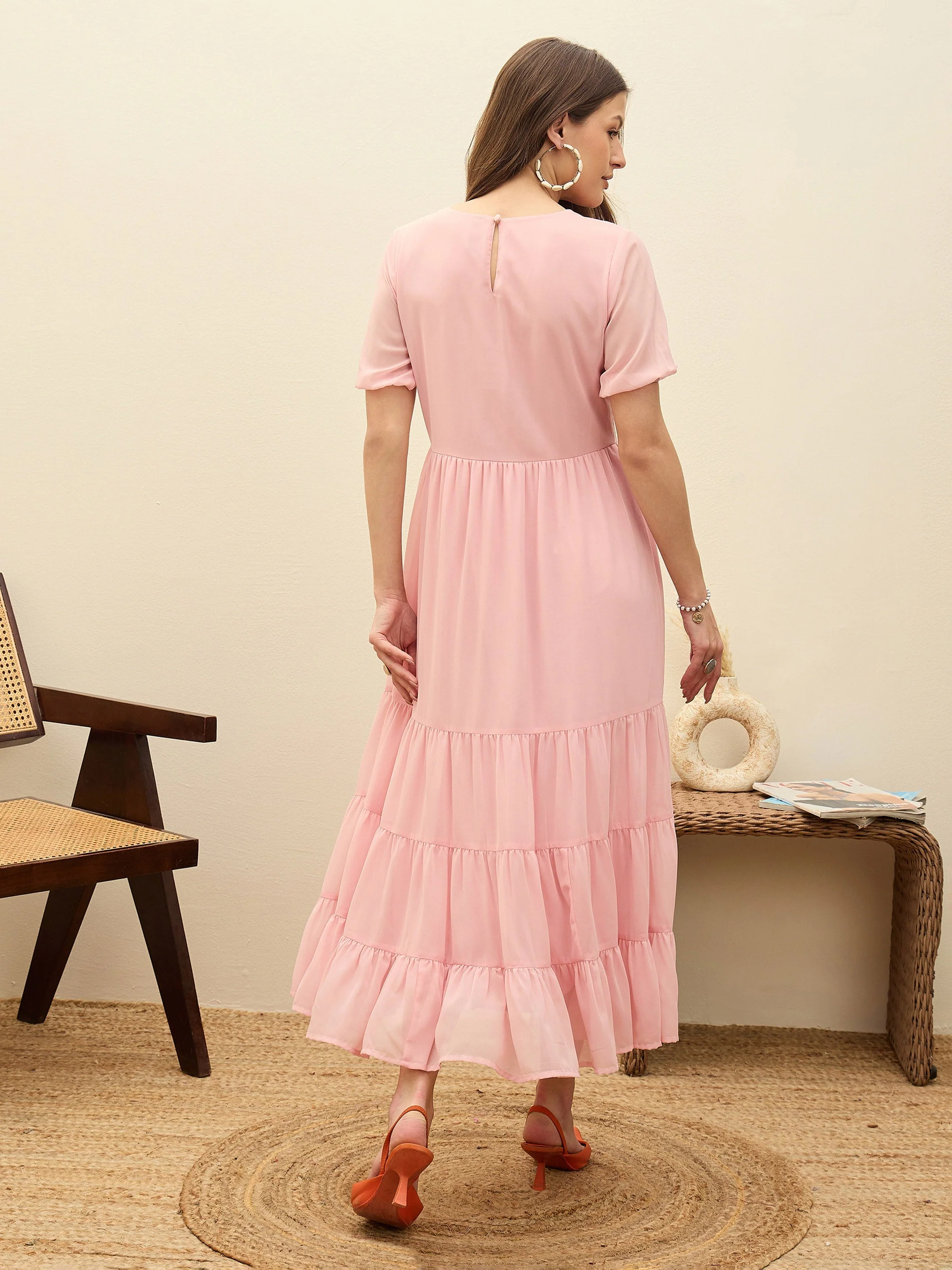 Women Pink Solid Tiered Maxi Dress - Image 5