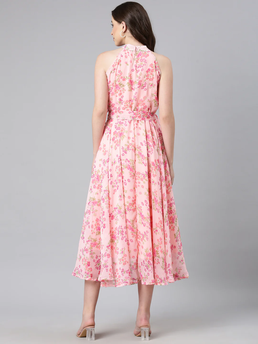Women Pink Floral Chiffon Dress - Image 10