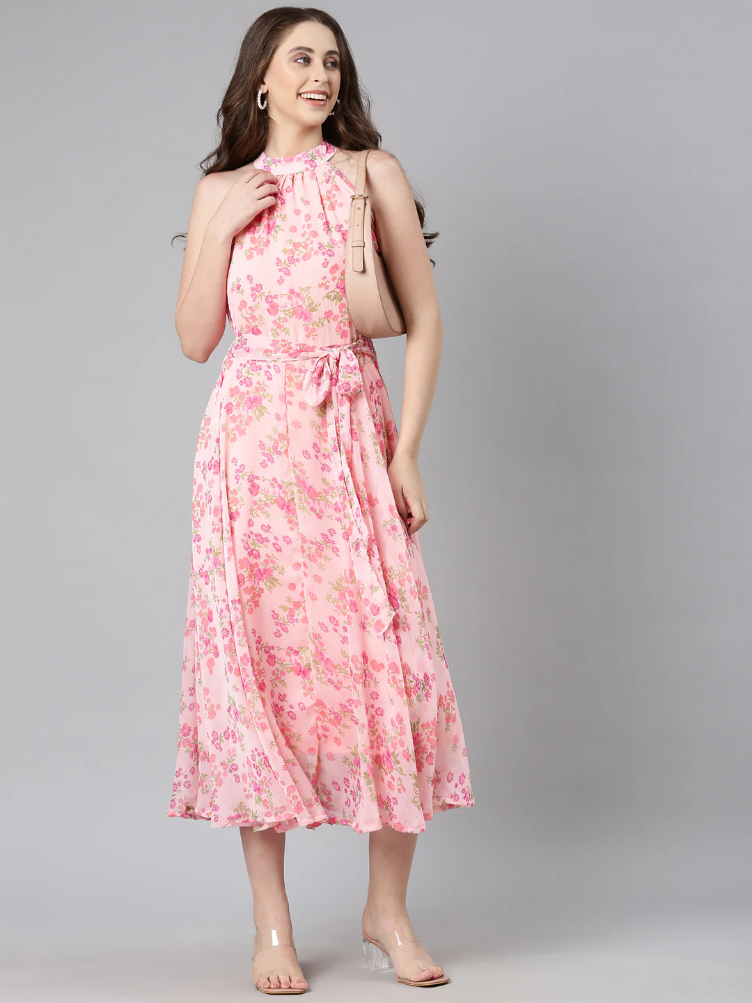 Women Pink Floral Chiffon Dress - Image 11