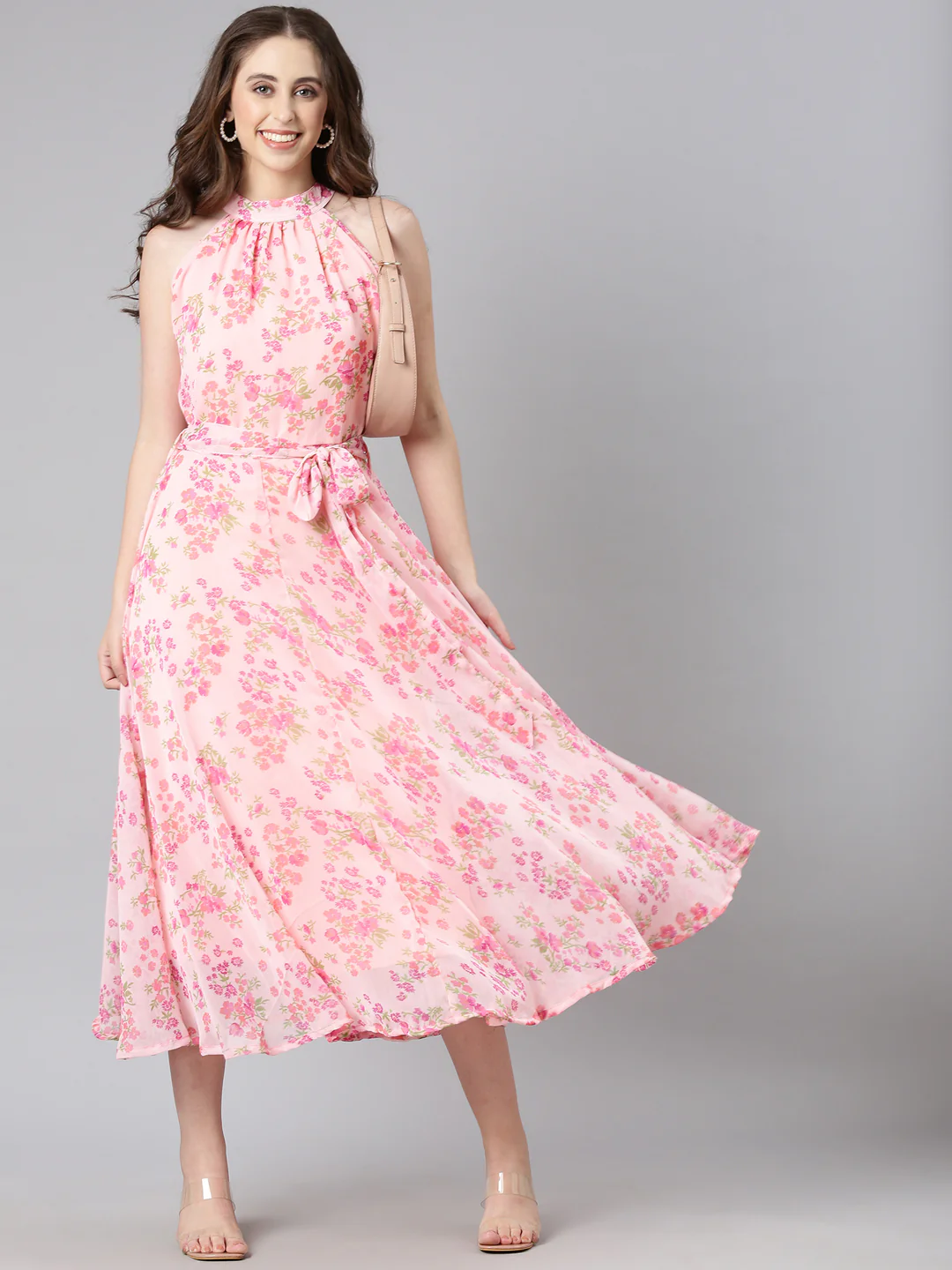 Women Pink Floral Chiffon Dress - Image 12