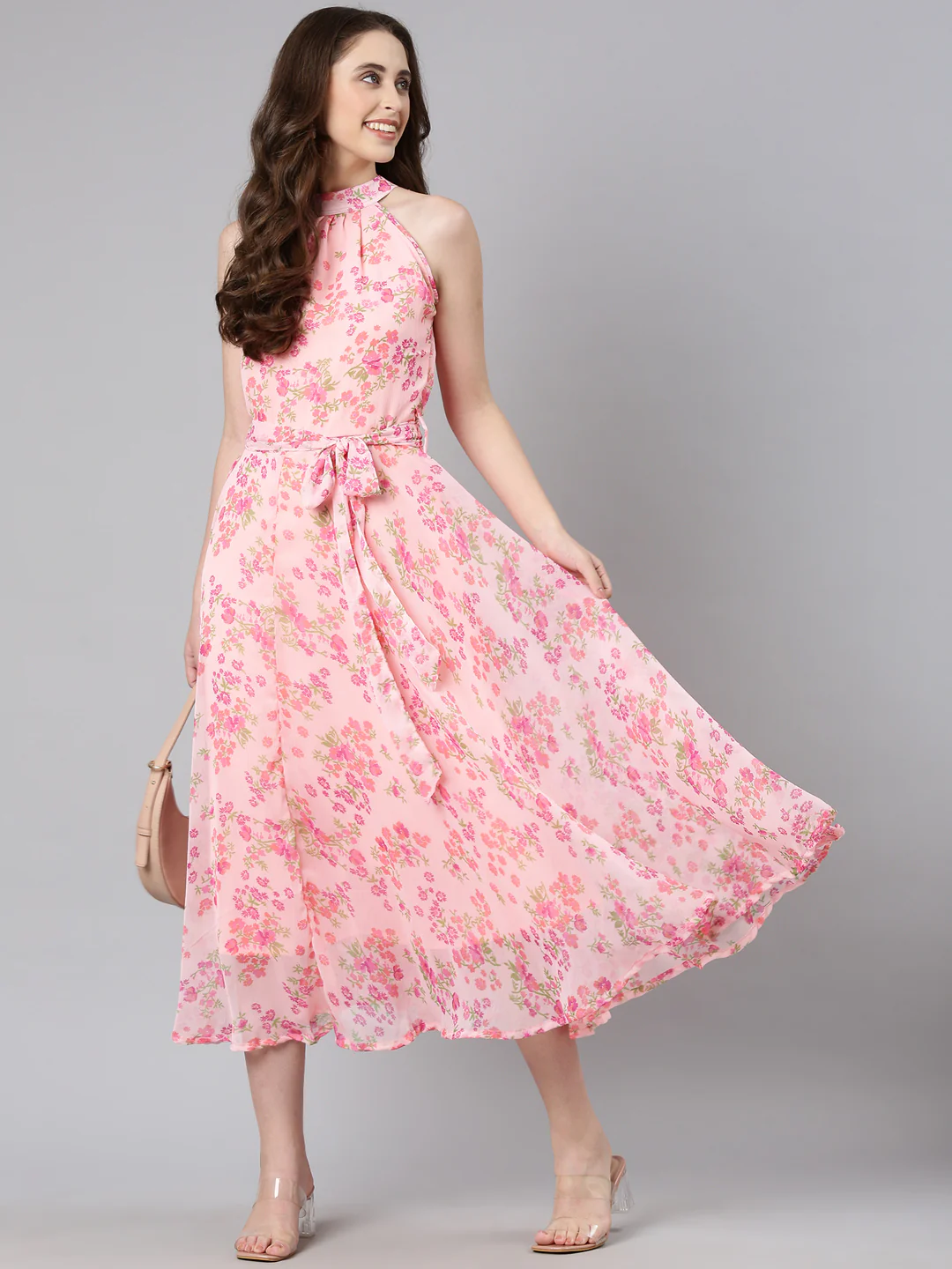 Women Pink Floral Chiffon Dress - Image 13