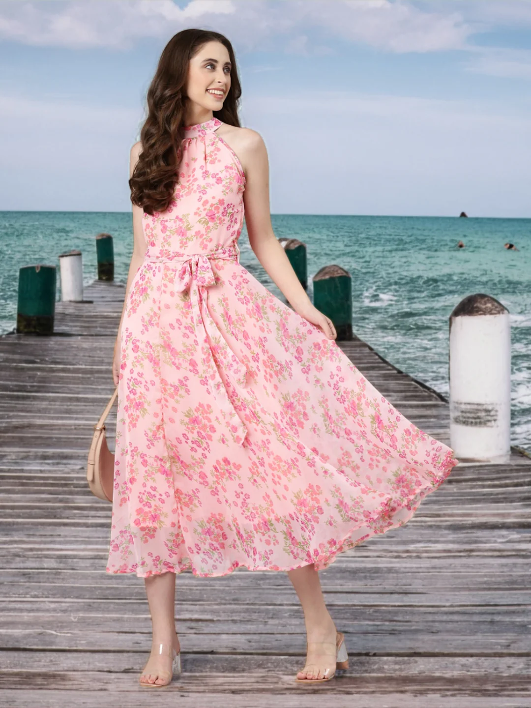 Women Pink Floral Chiffon Dress - Image 3
