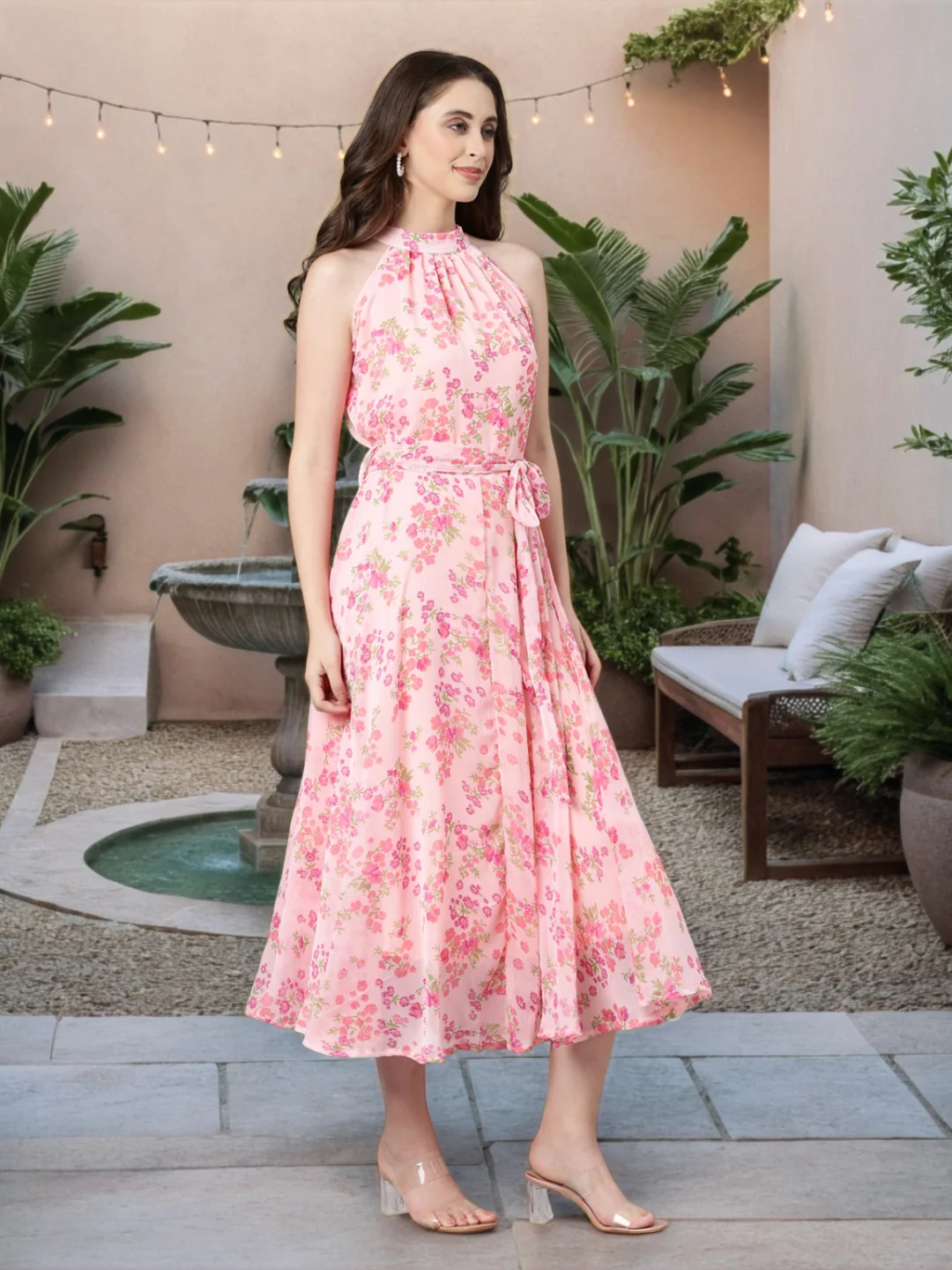 Women Pink Floral Chiffon Dress - Image 4