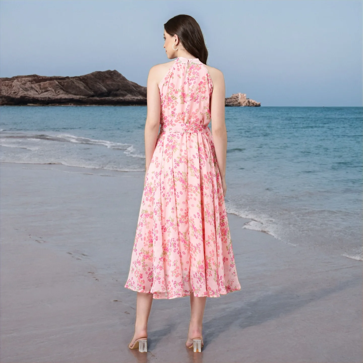 Women Pink Floral Chiffon Dress - Image 5