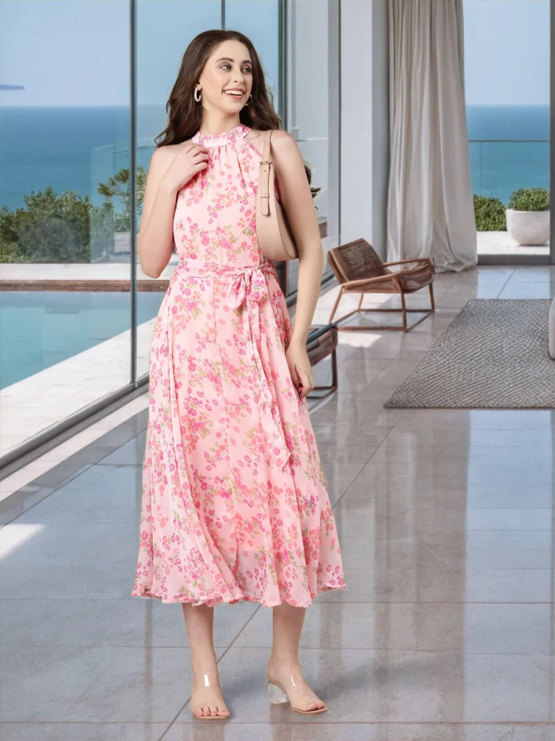 Women Pink Floral Chiffon Dress - Image 6