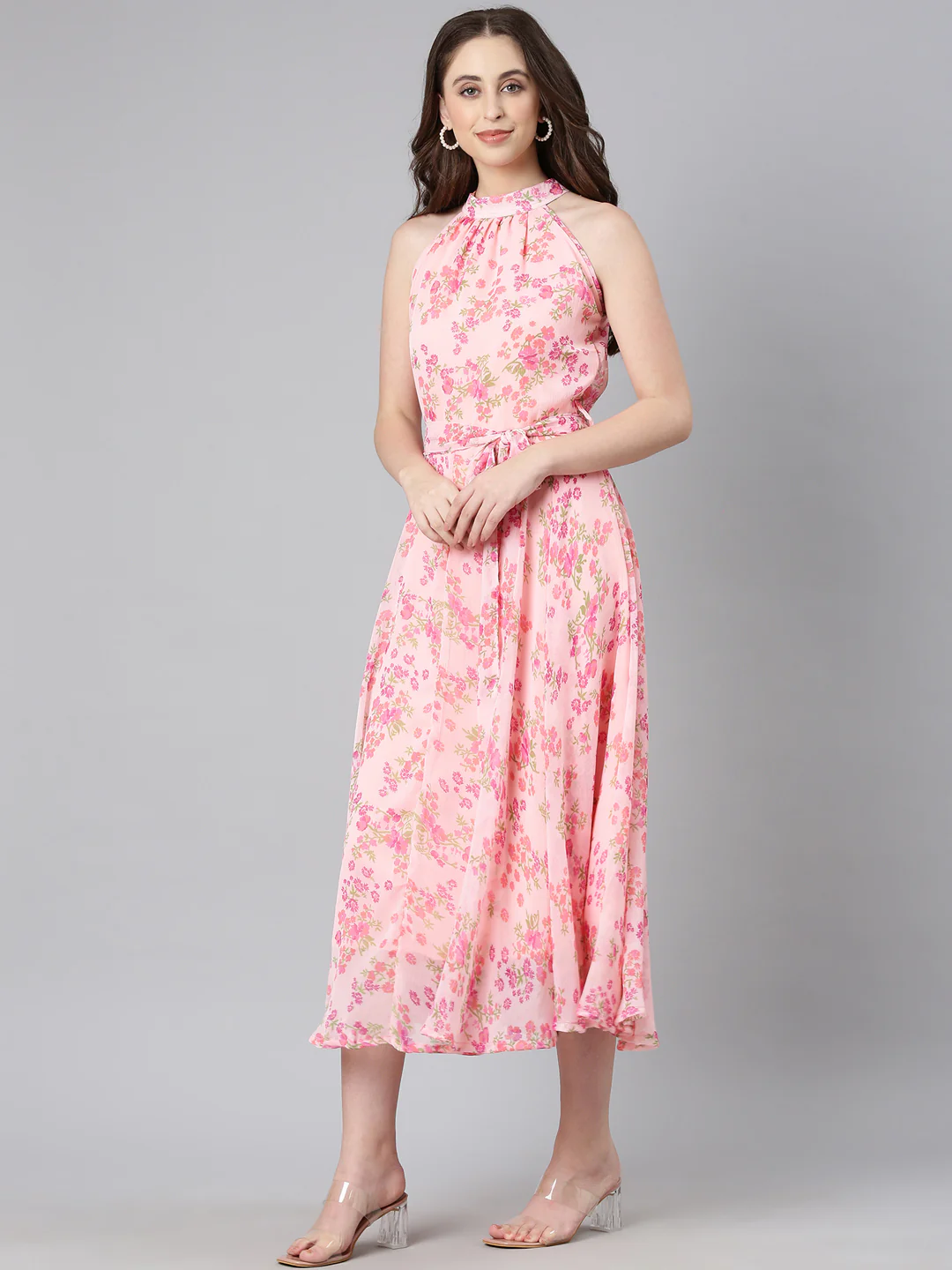 Women Pink Floral Chiffon Dress - Image 8
