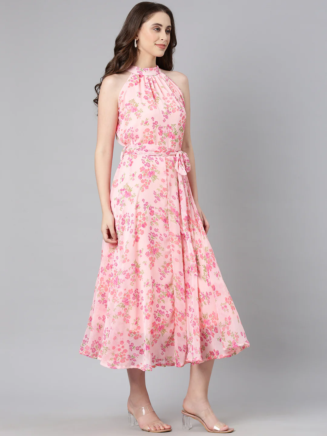 Women Pink Floral Chiffon Dress - Image 9