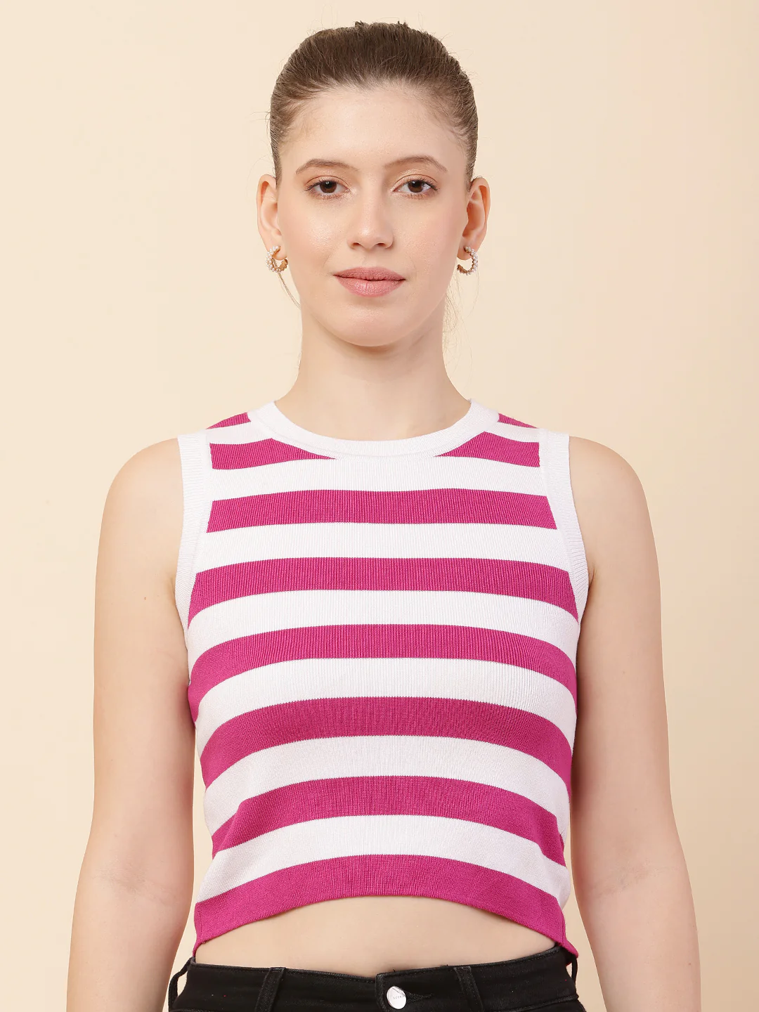 Women Pink Striped Crop Top - Image 2