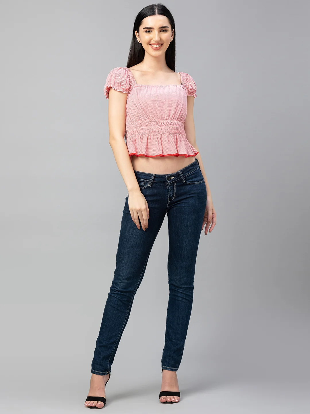 Women Pink Striped Puff Sleeve Crop Top - Image 2