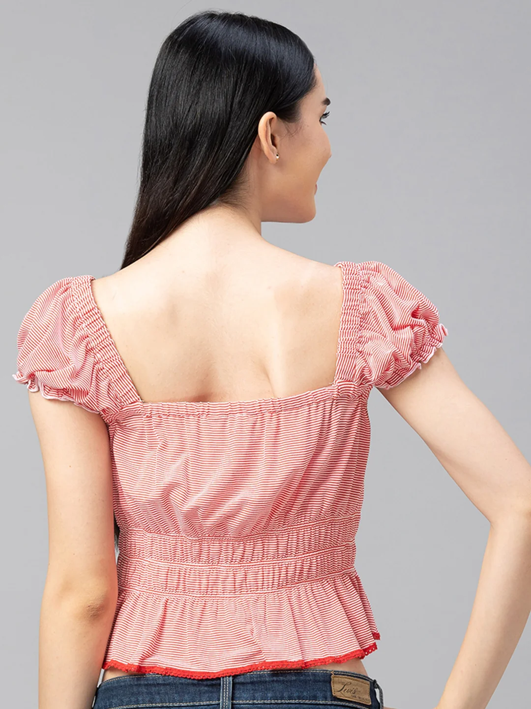 Women Pink Striped Puff Sleeve Crop Top - Image 3