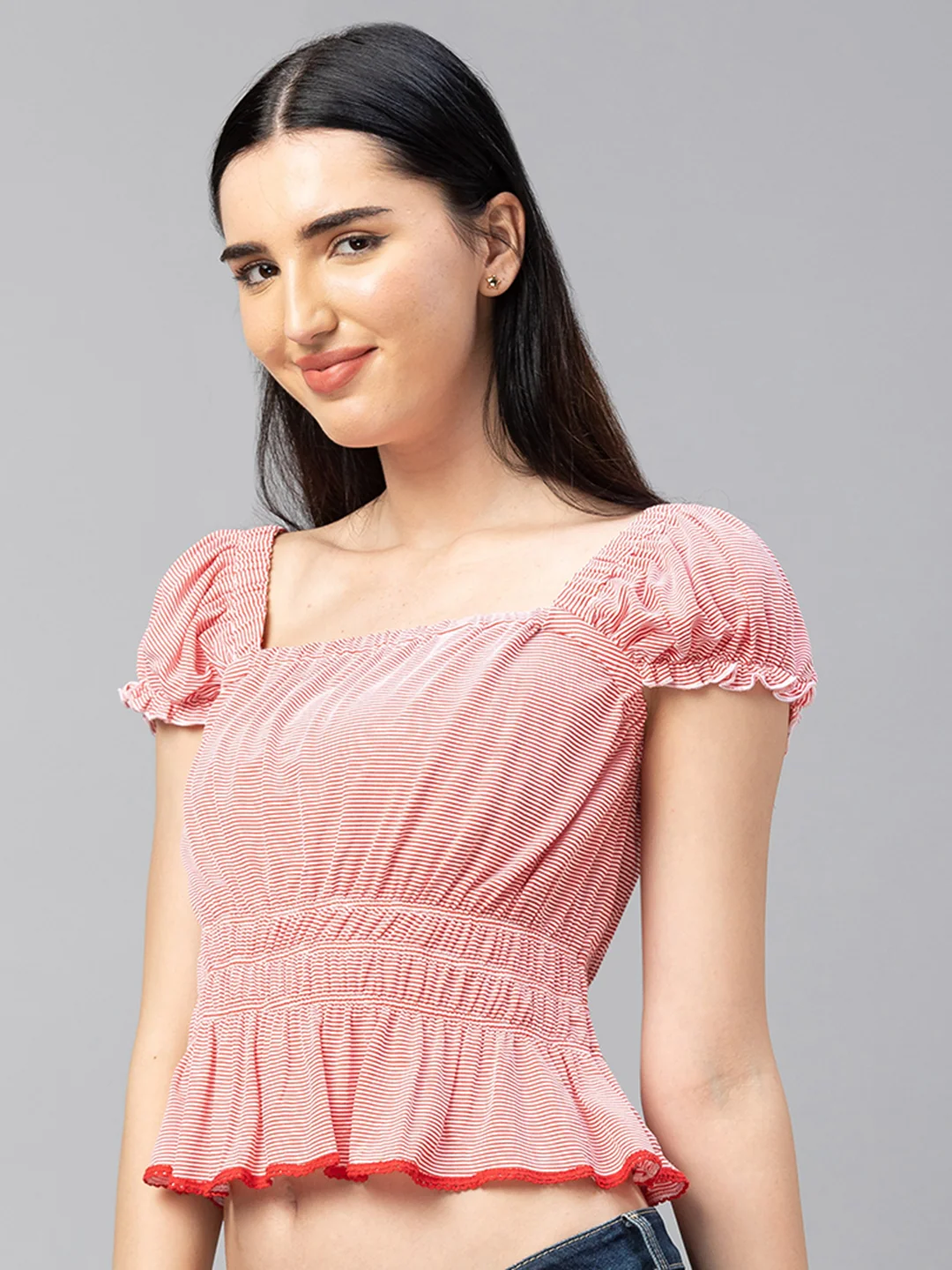 Women Pink Striped Puff Sleeve Crop Top - Image 4