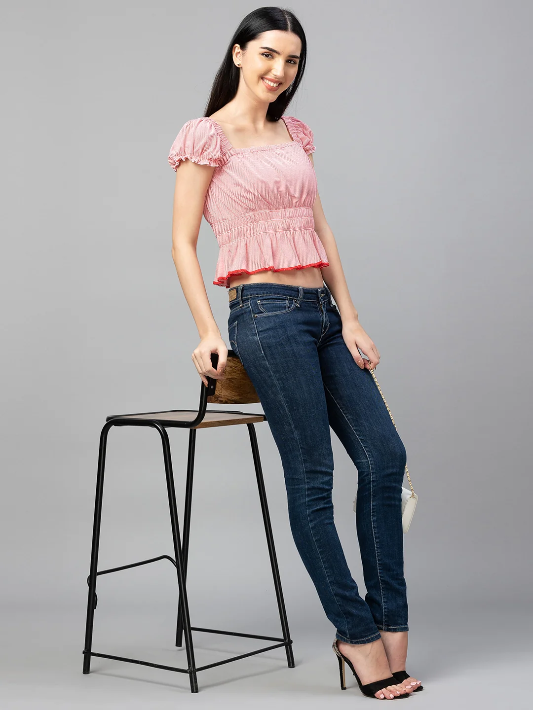 Women Pink Striped Puff Sleeve Crop Top - Image 6