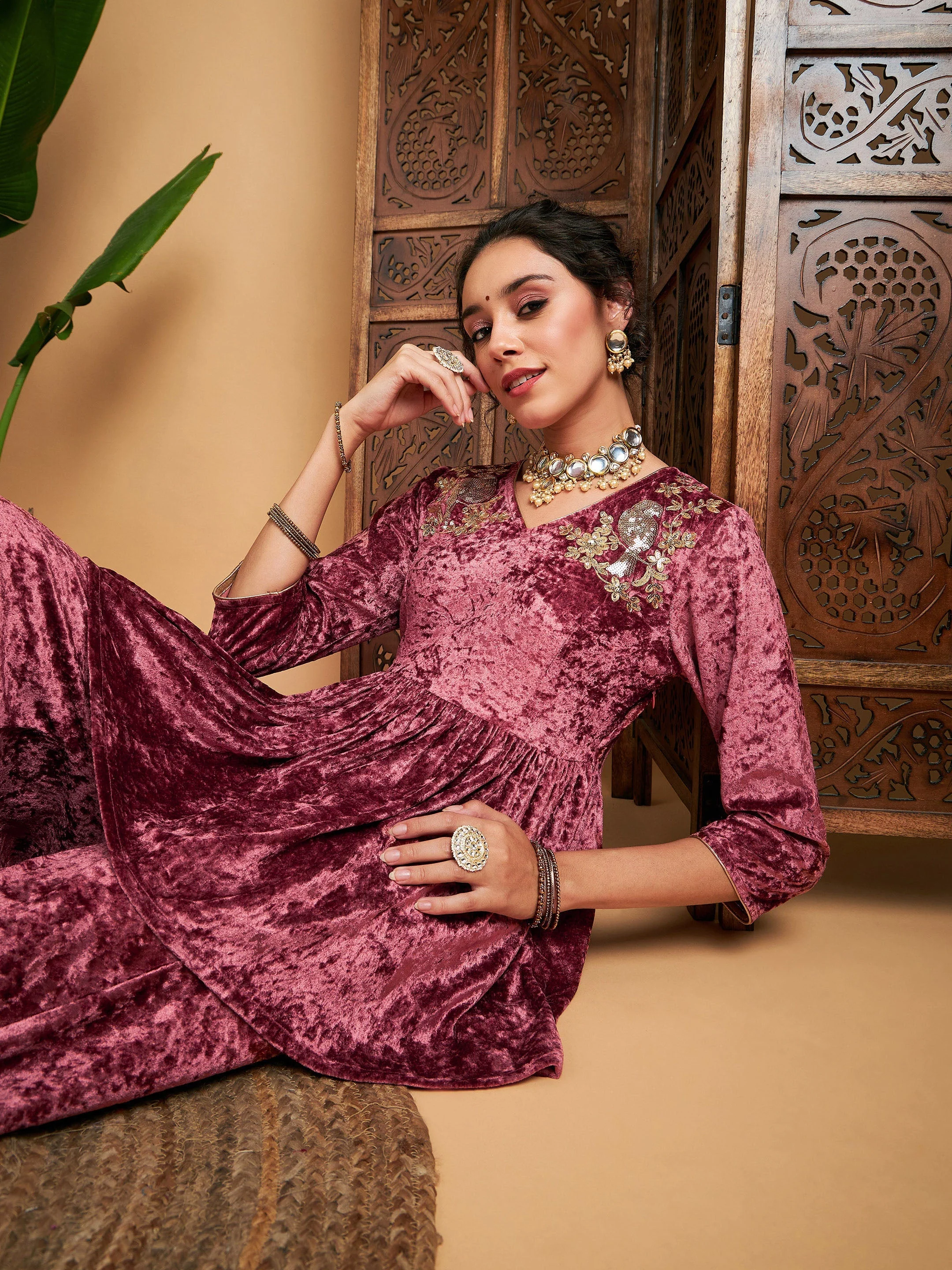 Women Pink Velvet Embroidered Peplum Top - Image 2