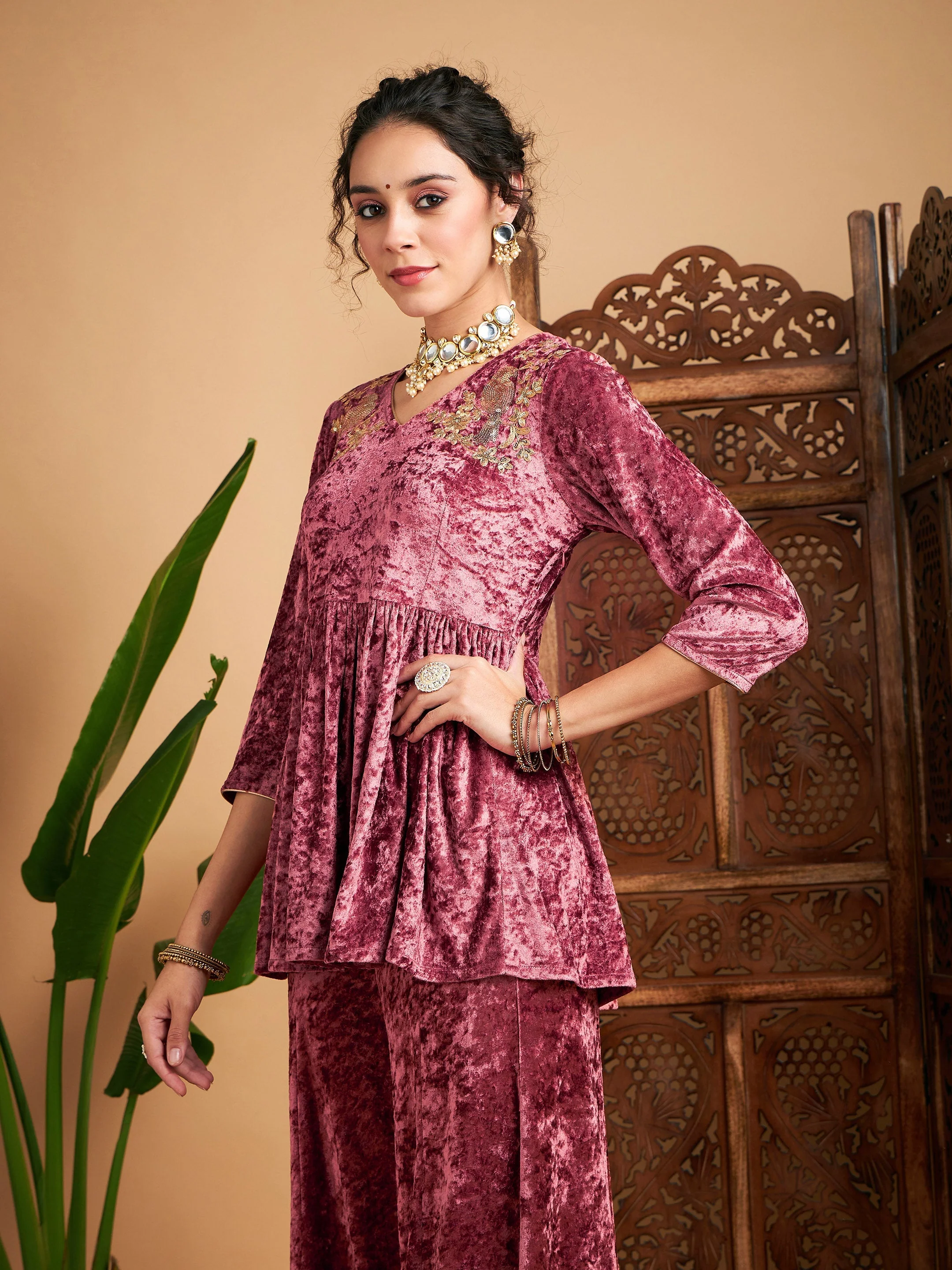 Women Pink Velvet Embroidered Peplum Top - Image 3