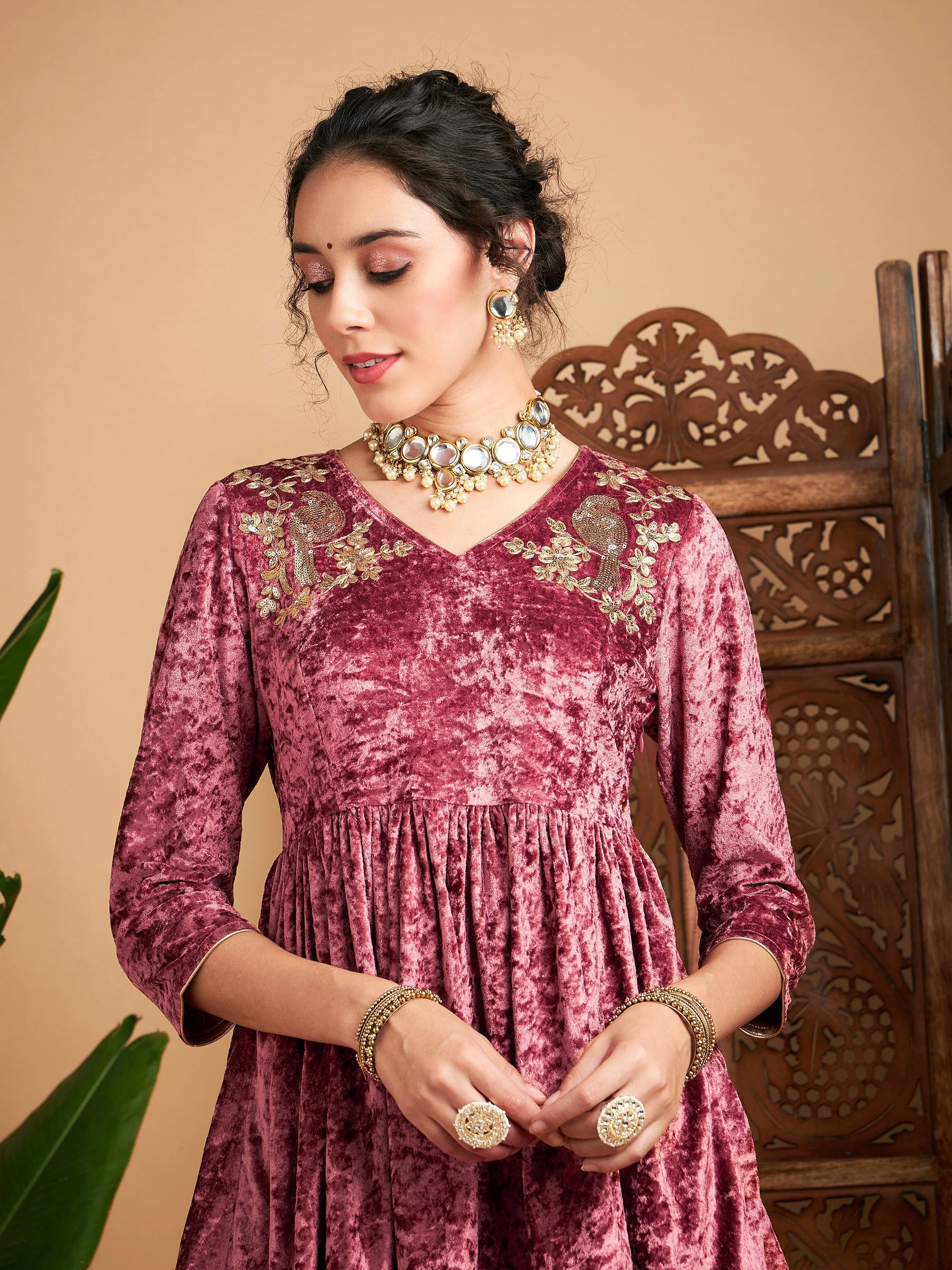 Women Pink Velvet Embroidered Peplum Top - Image 4