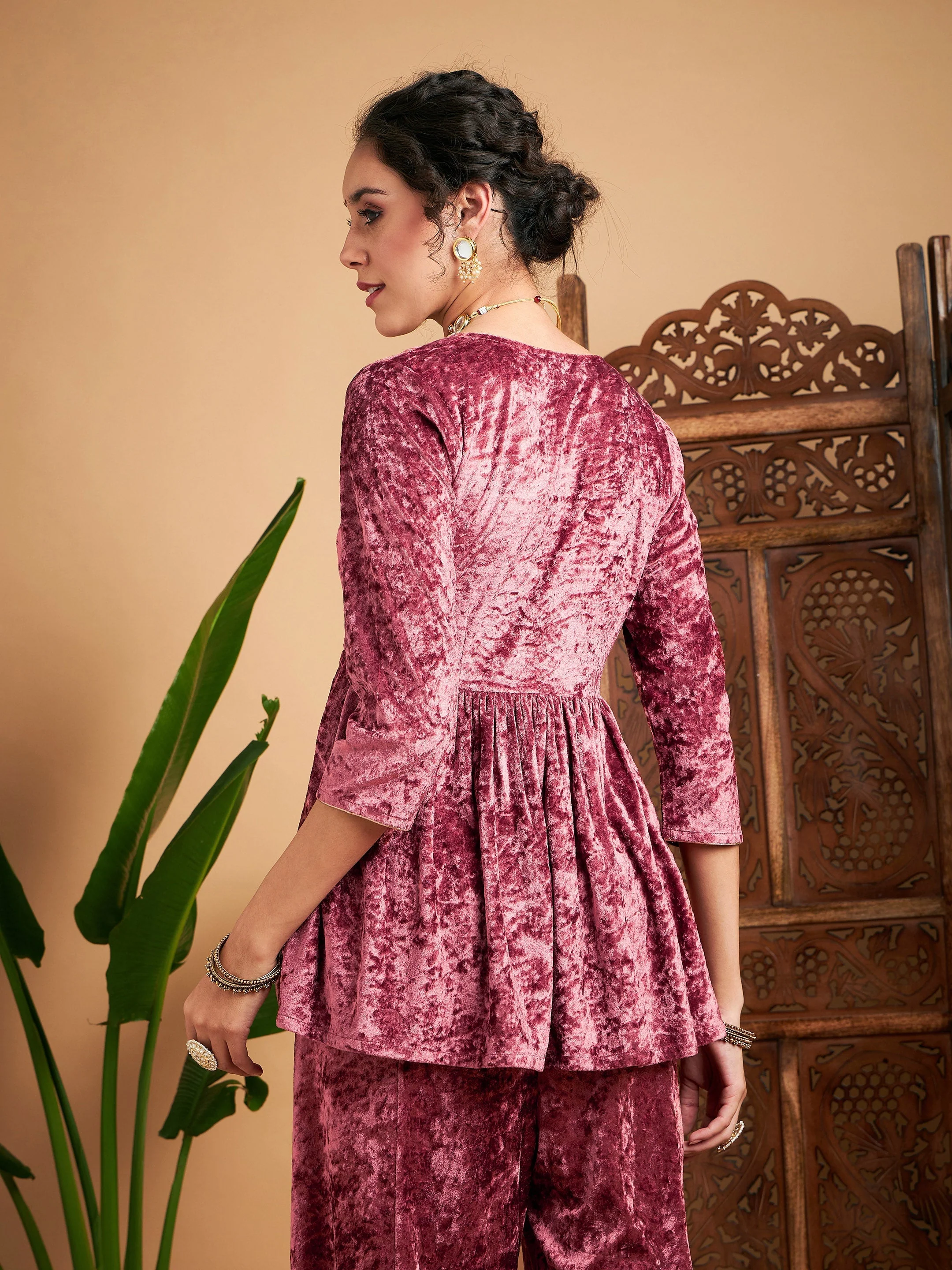 Women Pink Velvet Embroidered Peplum Top - Image 5
