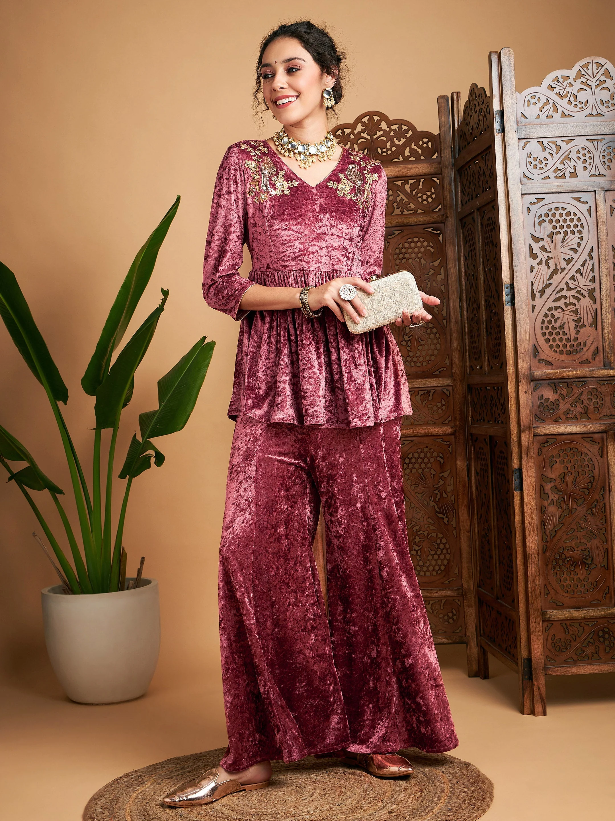Women Pink Velvet Embroidered Peplum Top - Image 6