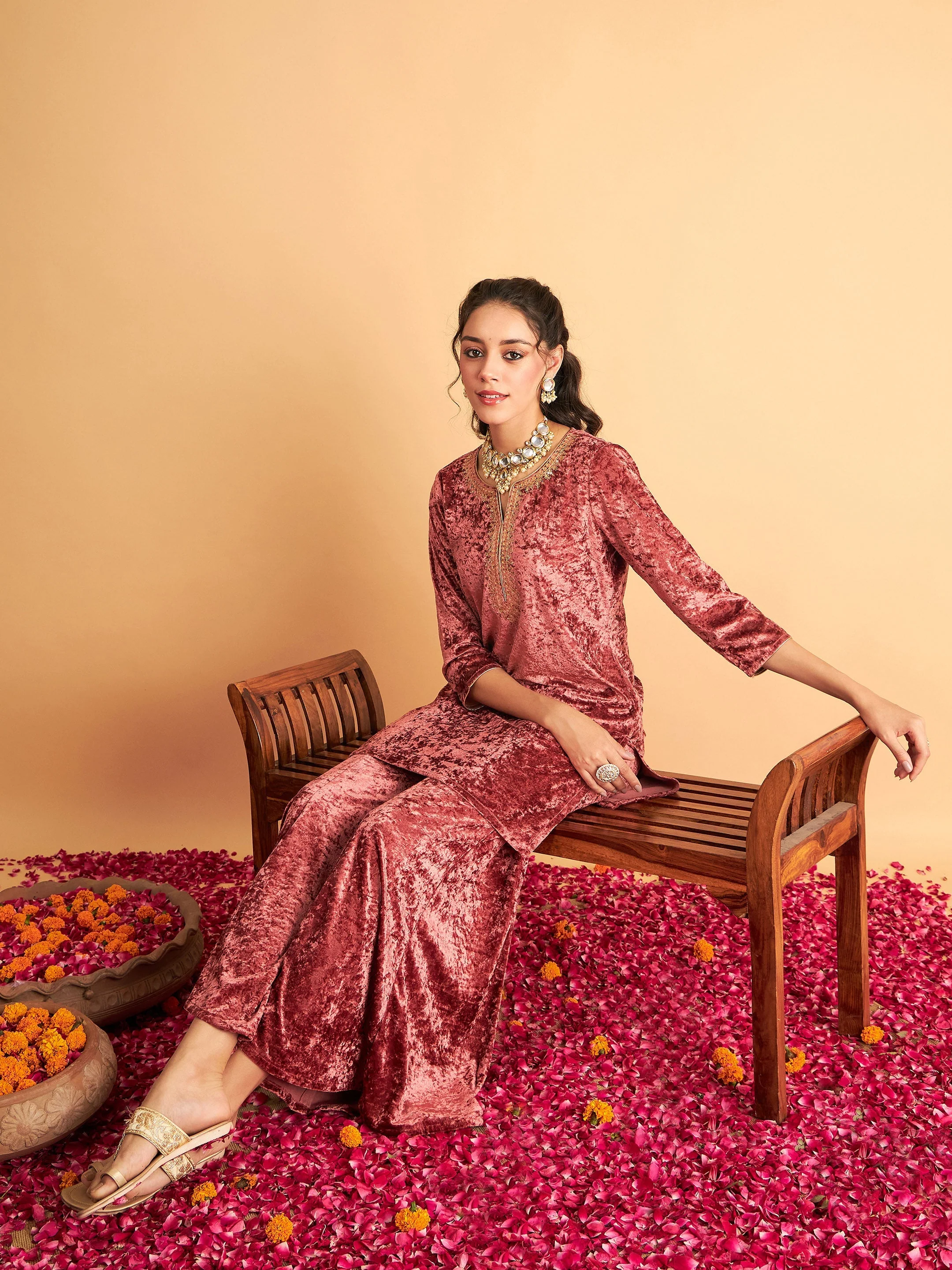 Women Pink Velvet Embroidered Short Kurta With Palazzos - Image 2