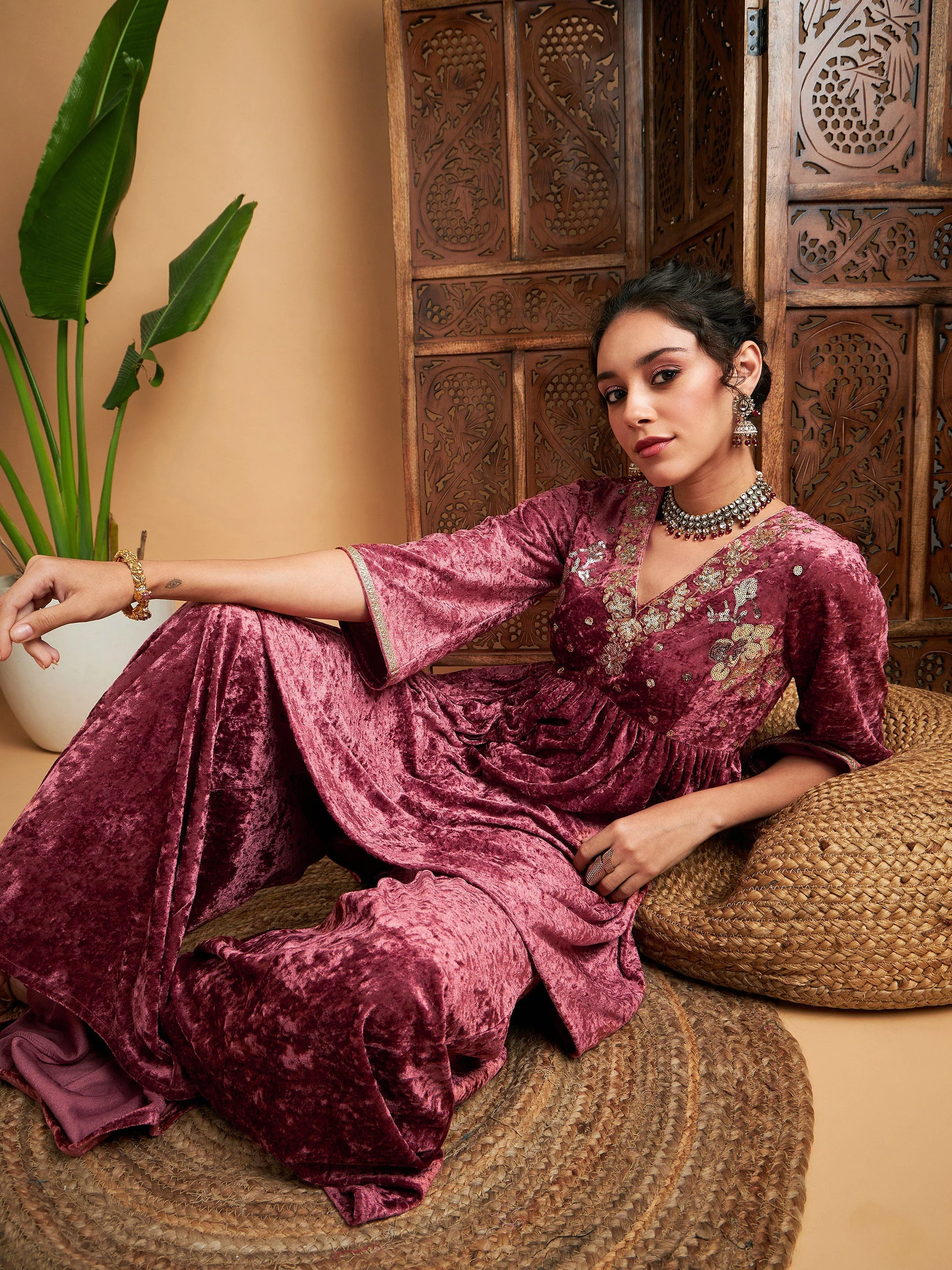 Women Pink Velvet Embroidered Top With Palazzos - Image 2