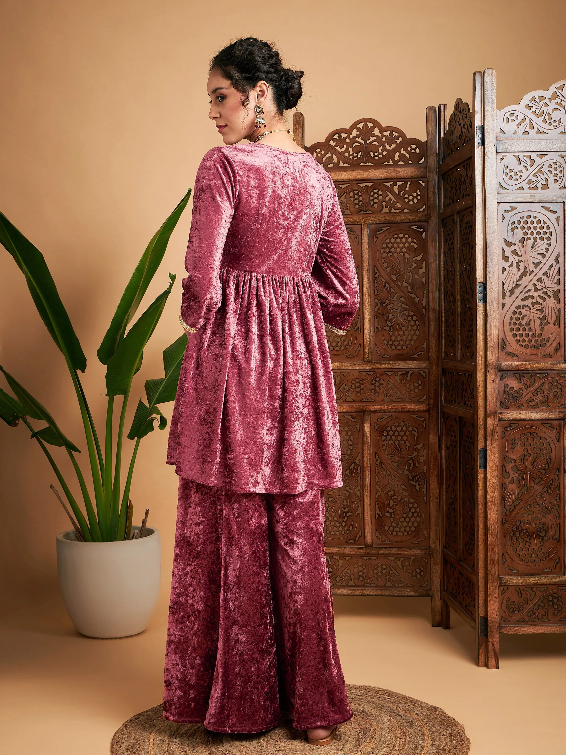 Women Pink Velvet Embroidered Top With Palazzos - Image 6