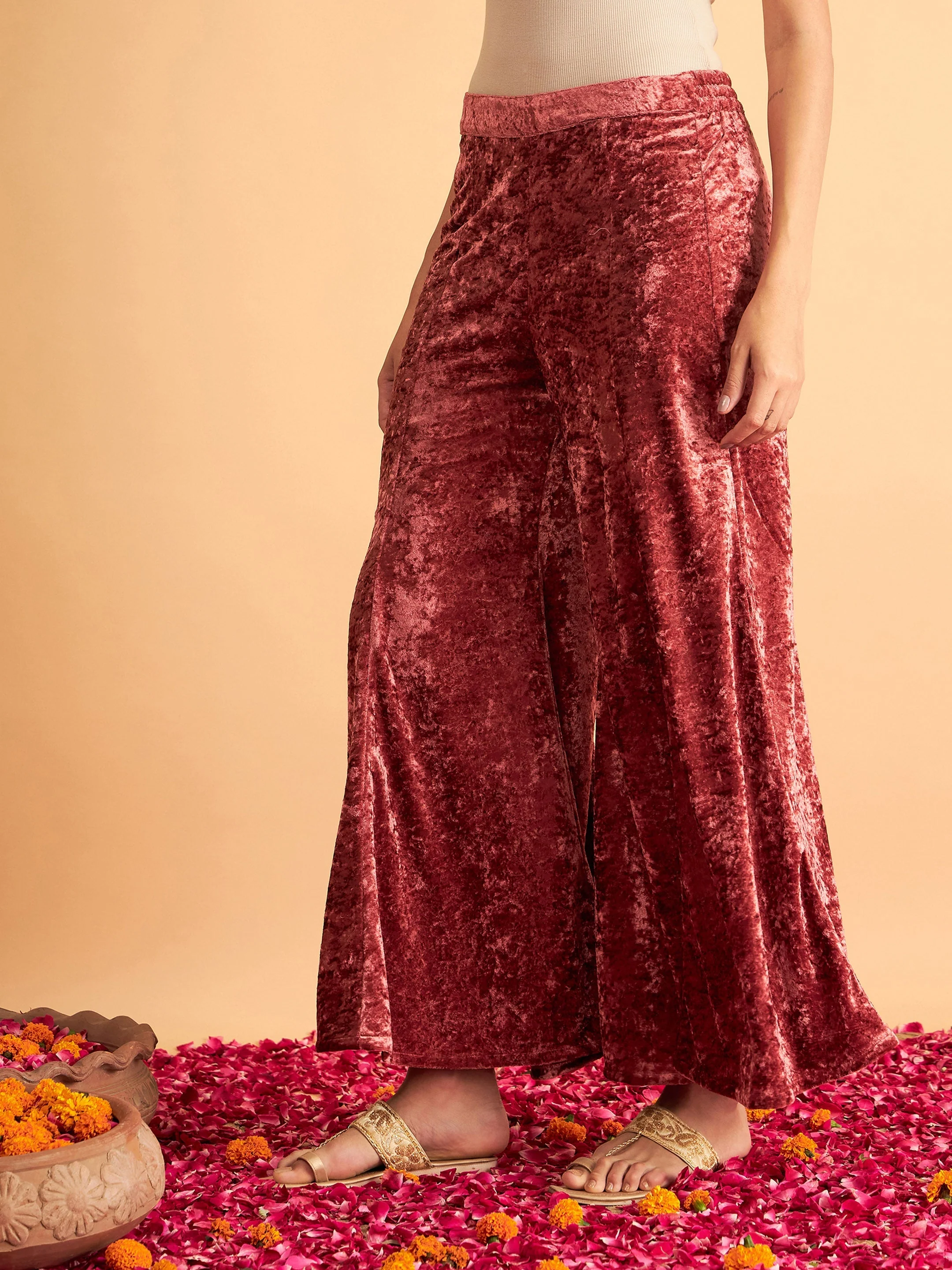 Women Pink Velvet Palazzo Pants - Image 3