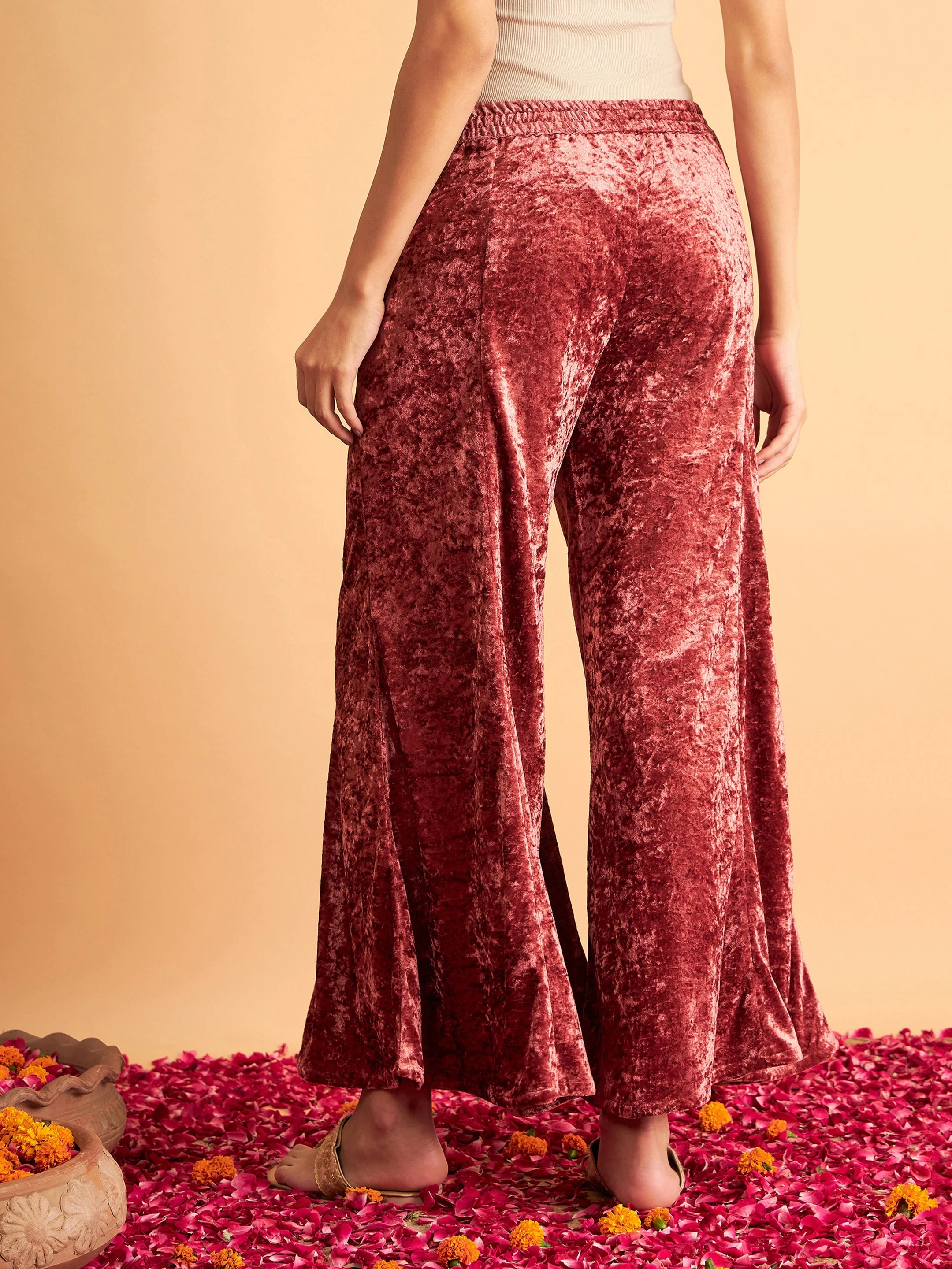 Women Pink Velvet Palazzo Pants - Image 5