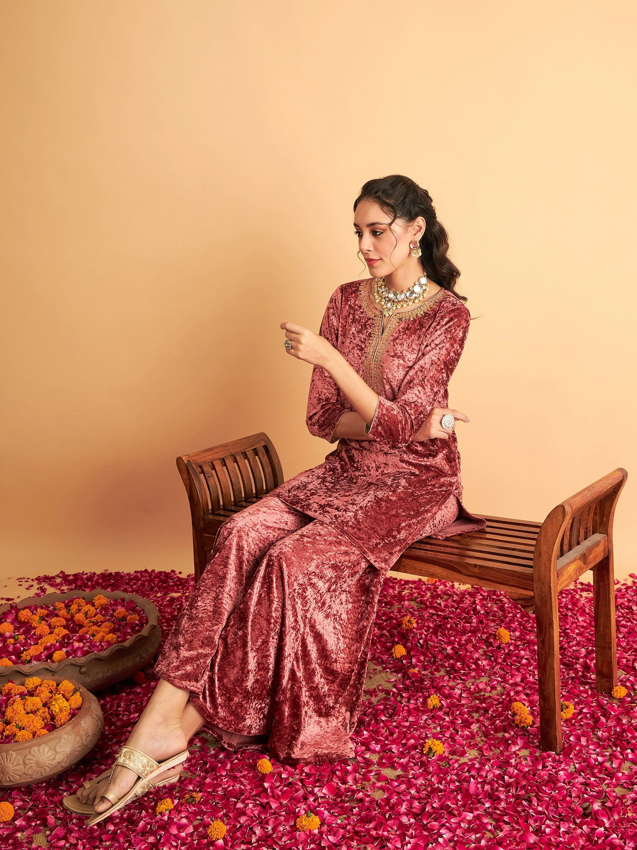 Women Pink Velvet Palazzo Pants - Image 6