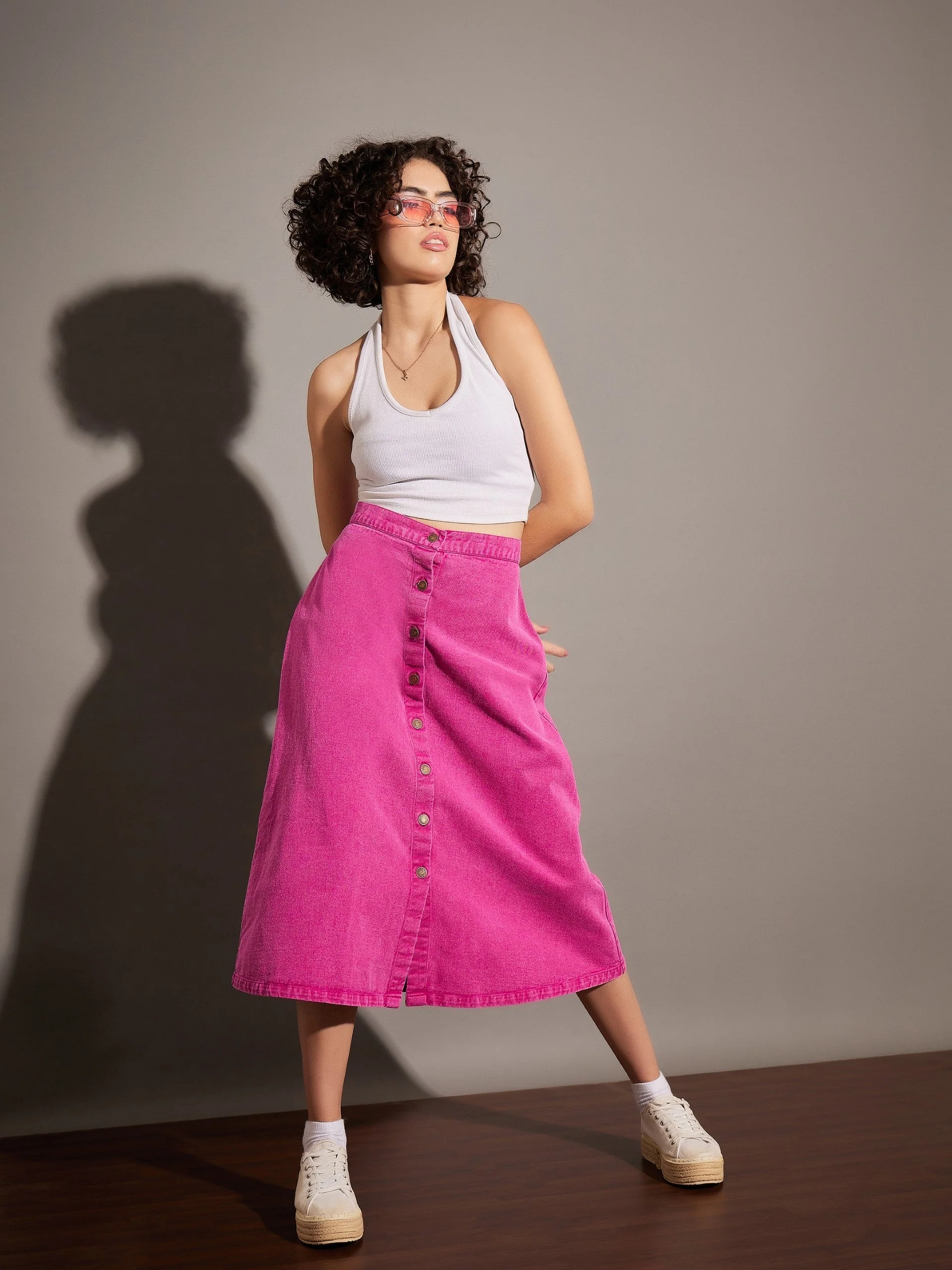 Women Pink Washed Denim A-Line Skirt - Image 2
