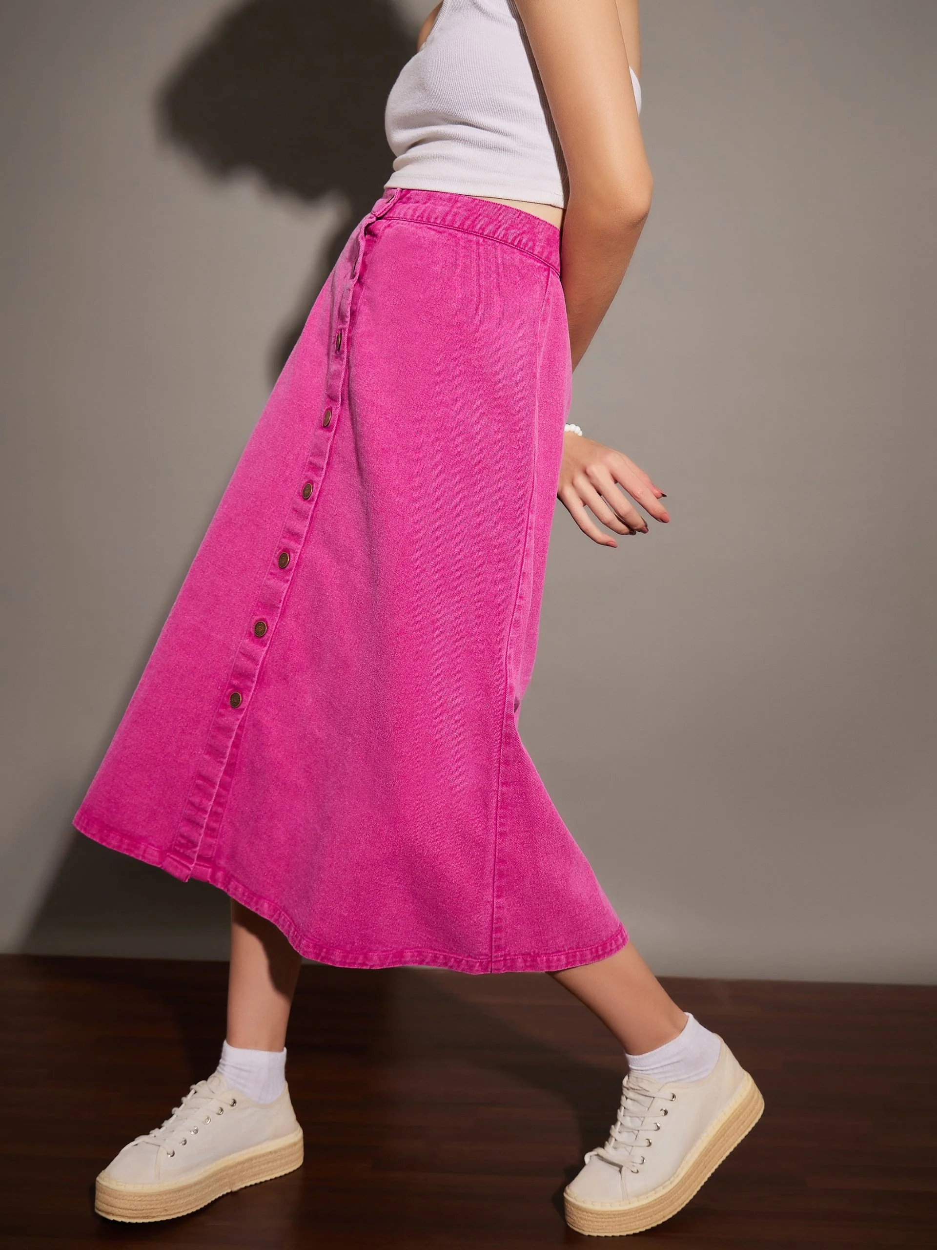 Women Pink Washed Denim A-Line Skirt - Image 3