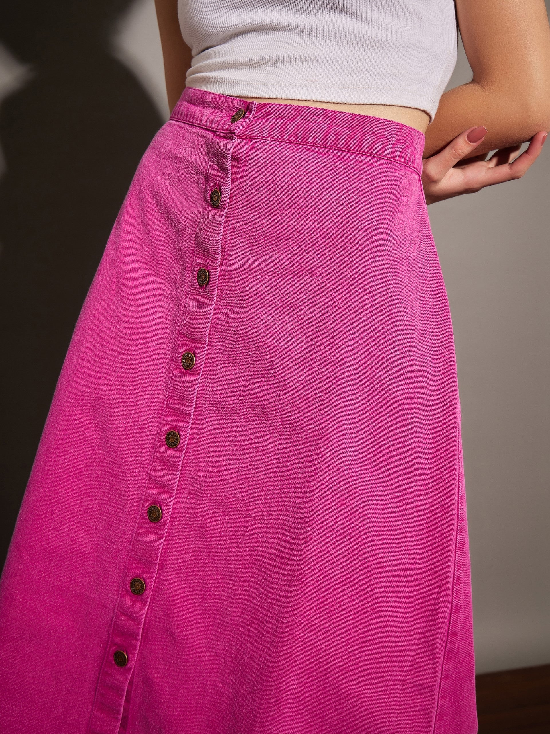 Women Pink Washed Denim A-Line Skirt - Image 4