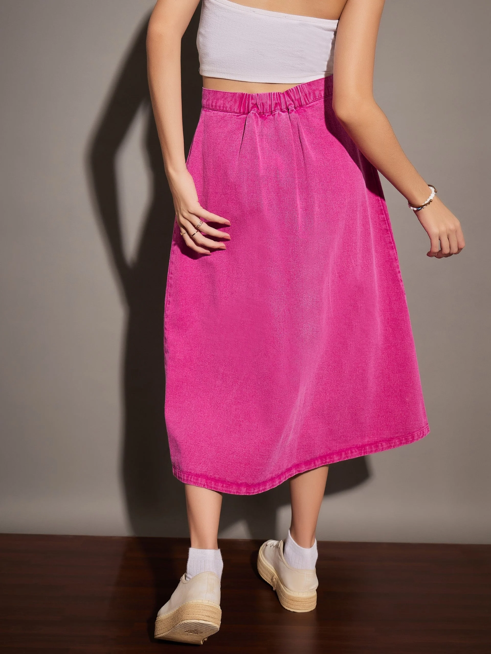Women Pink Washed Denim A-Line Skirt - Image 5