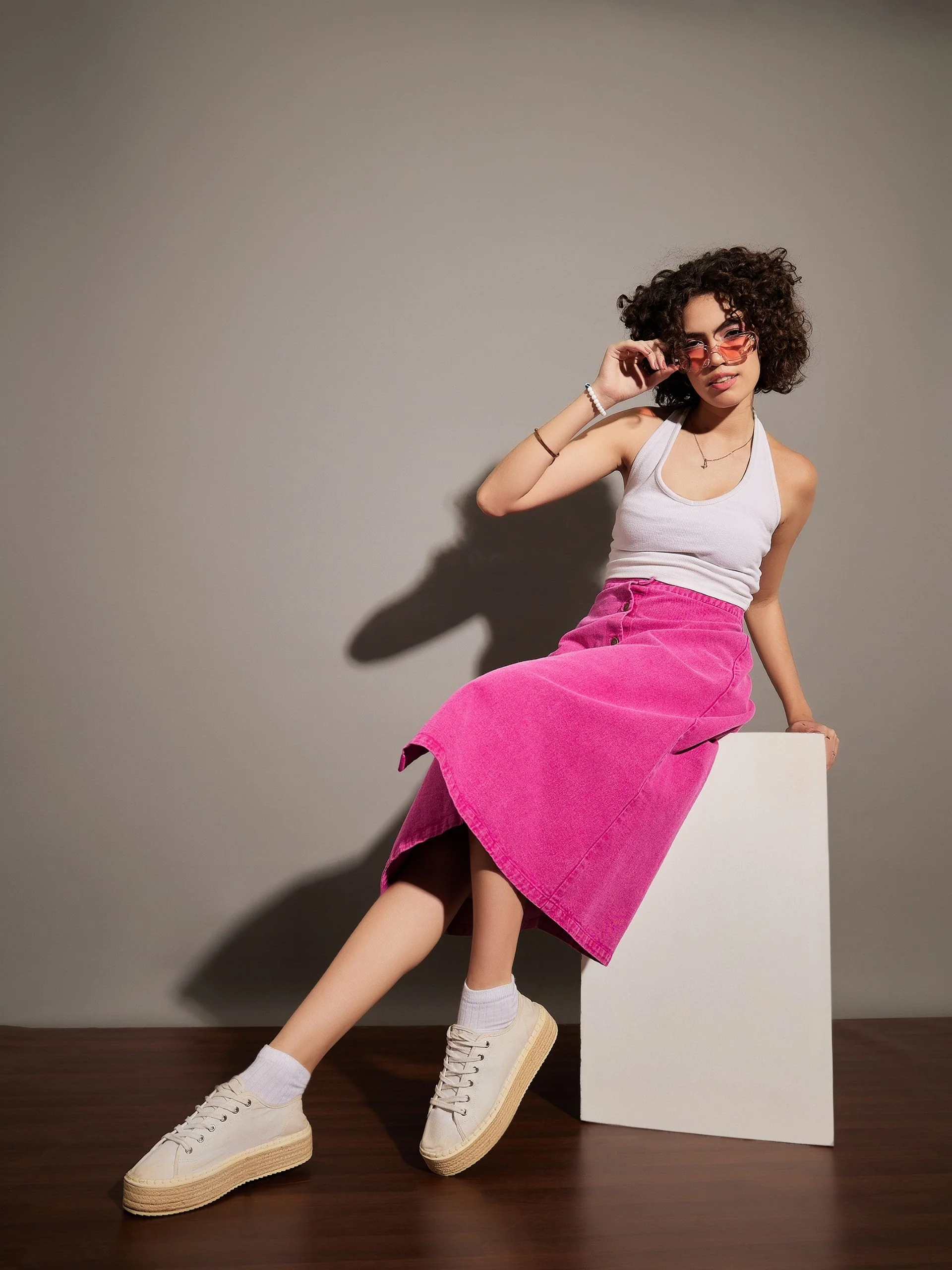 Women Pink Washed Denim A-Line Skirt - Image 6