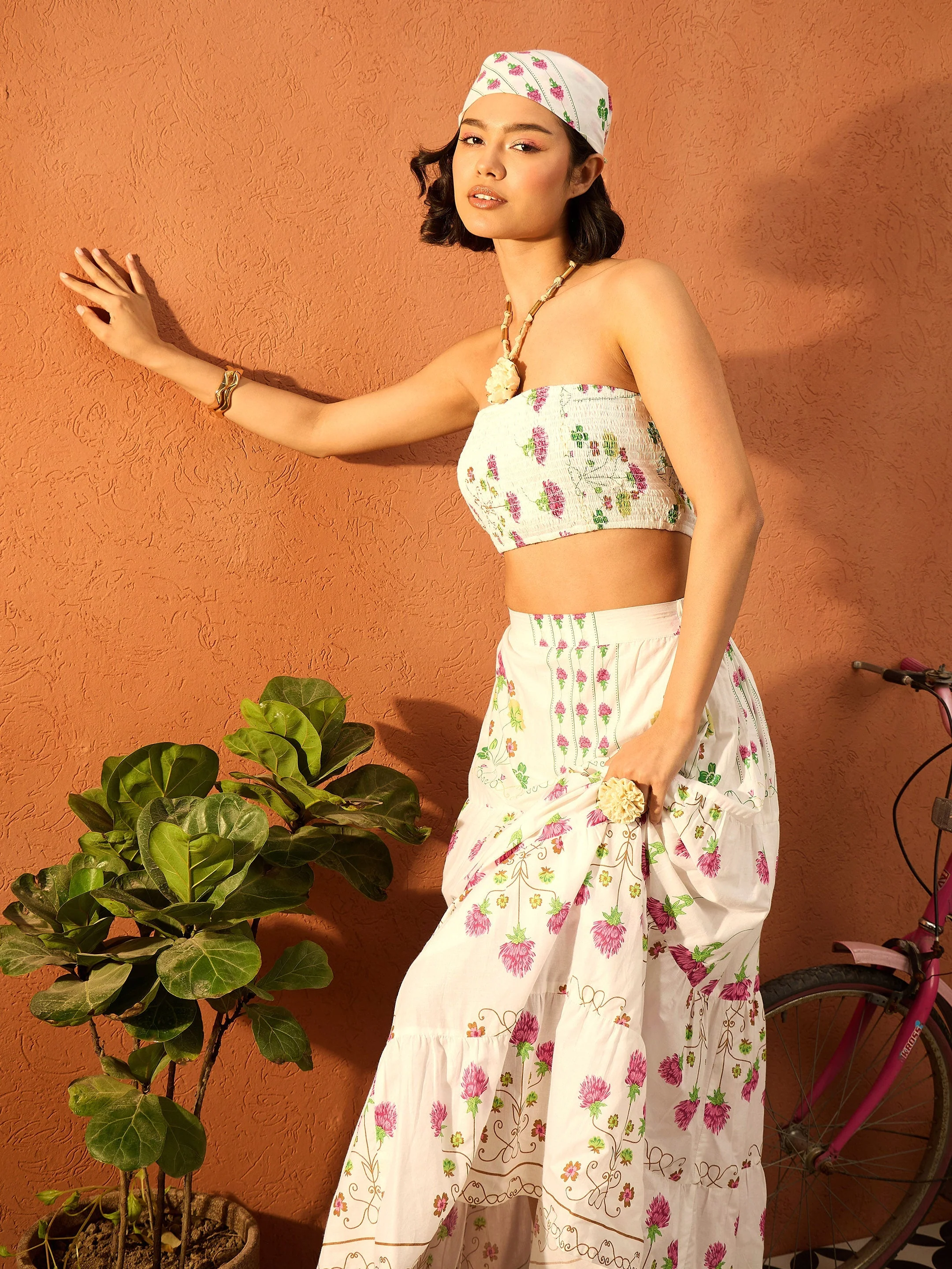 Women Pink & White Floral Tube Top With Tiered Skirt - Image 2