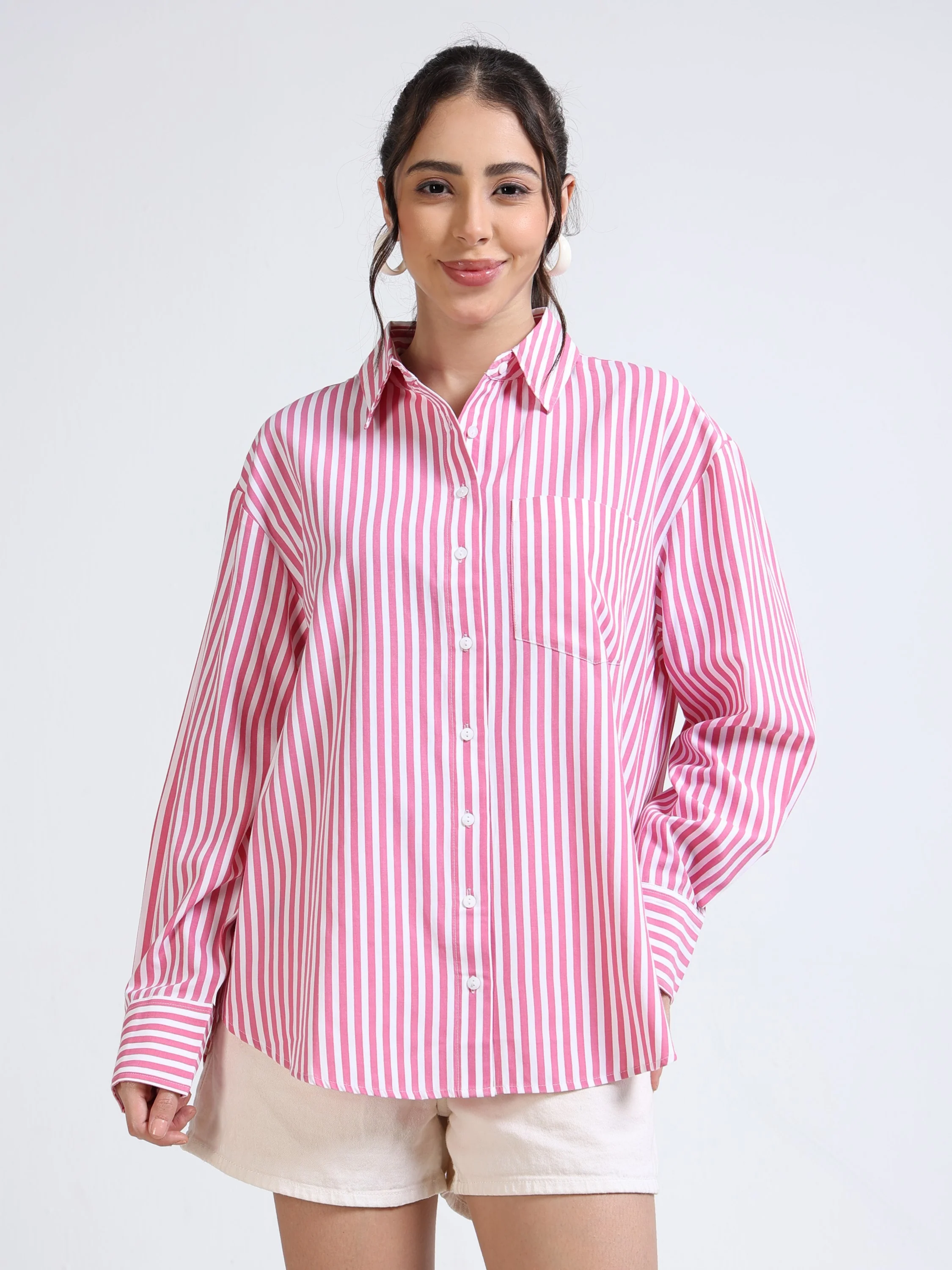 Women Pink White Oversized Shirt - Image 2