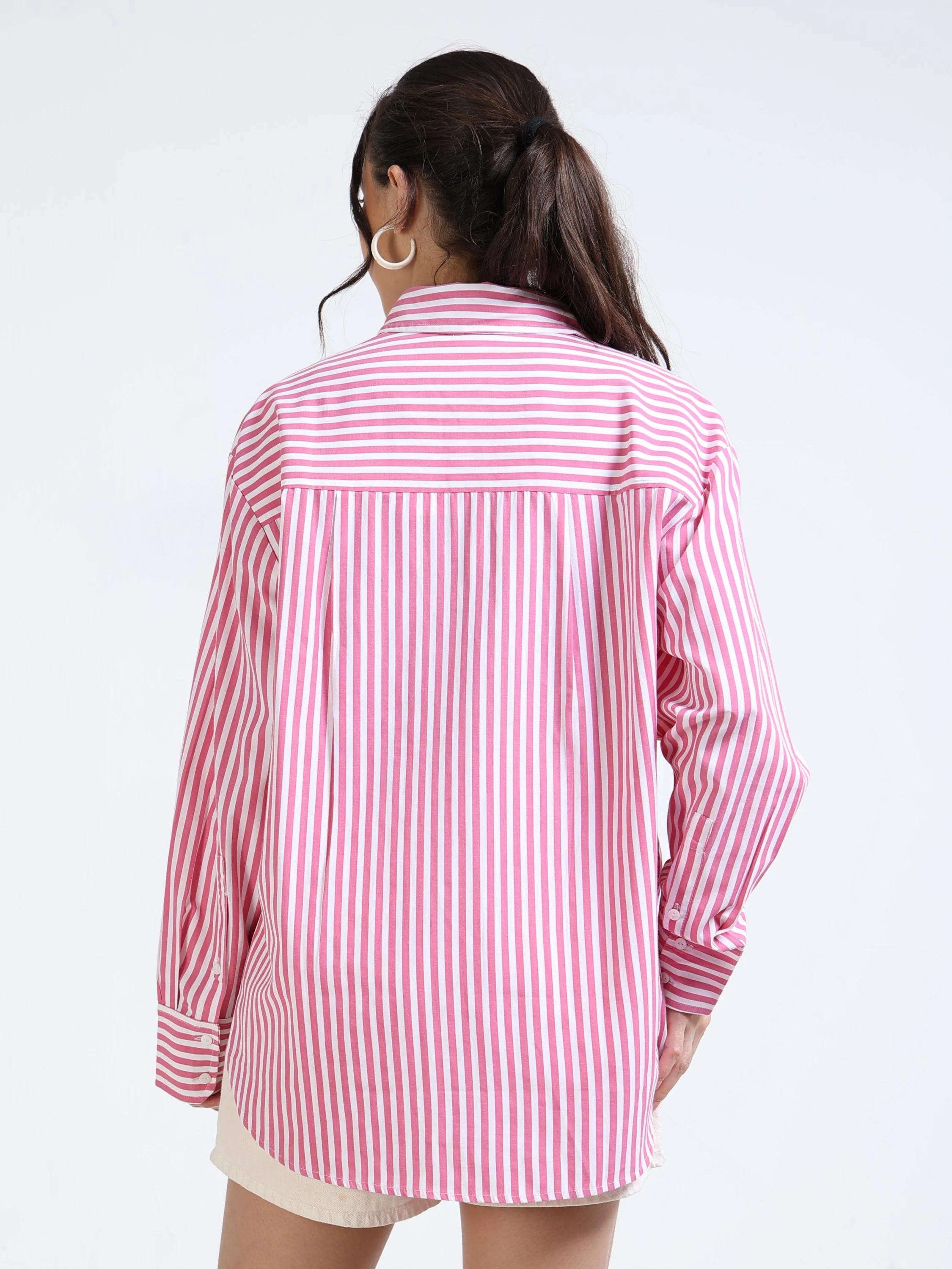 Women Pink White Oversized Shirt - Image 3