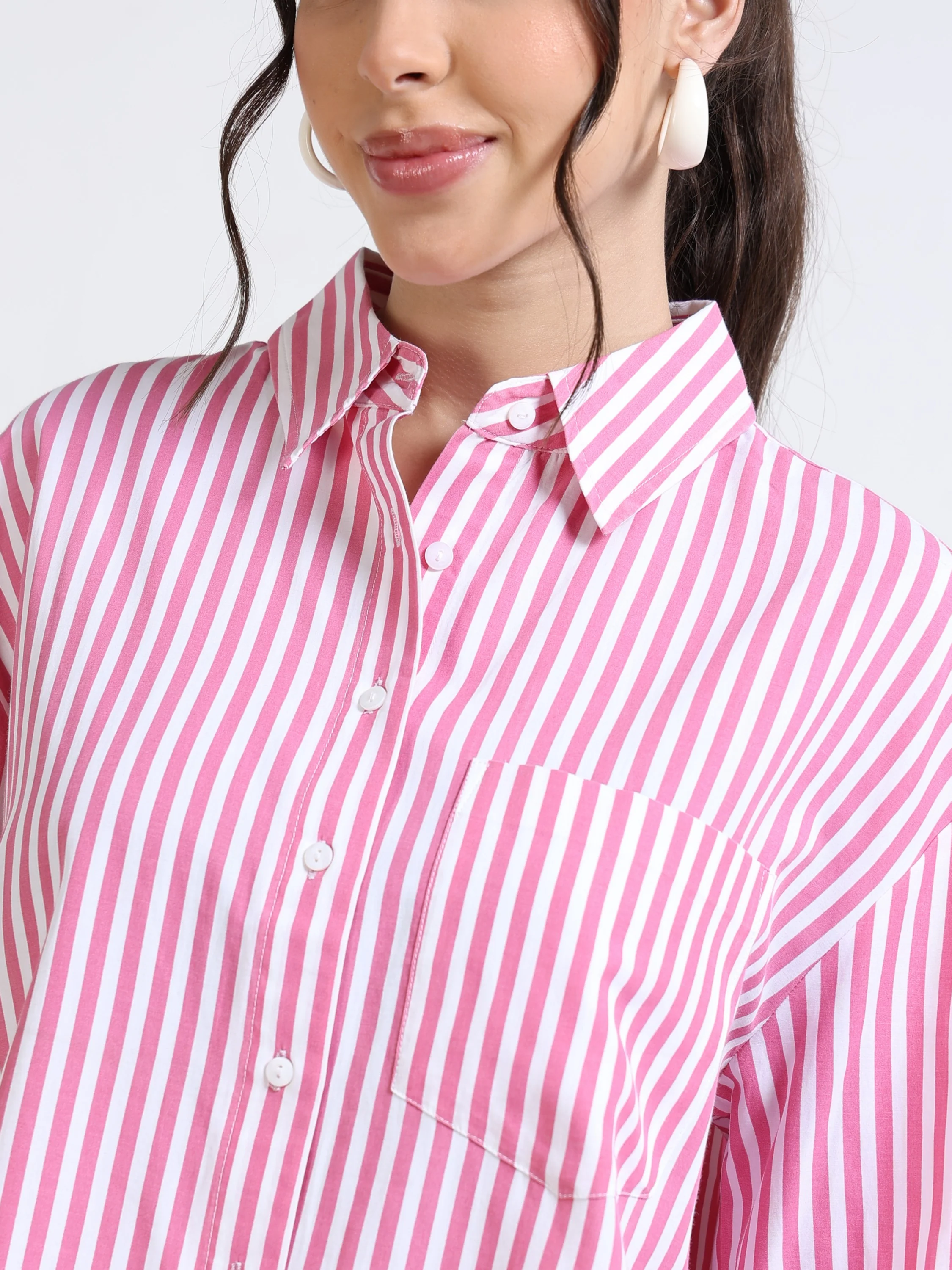 Women Pink White Oversized Shirt - Image 4