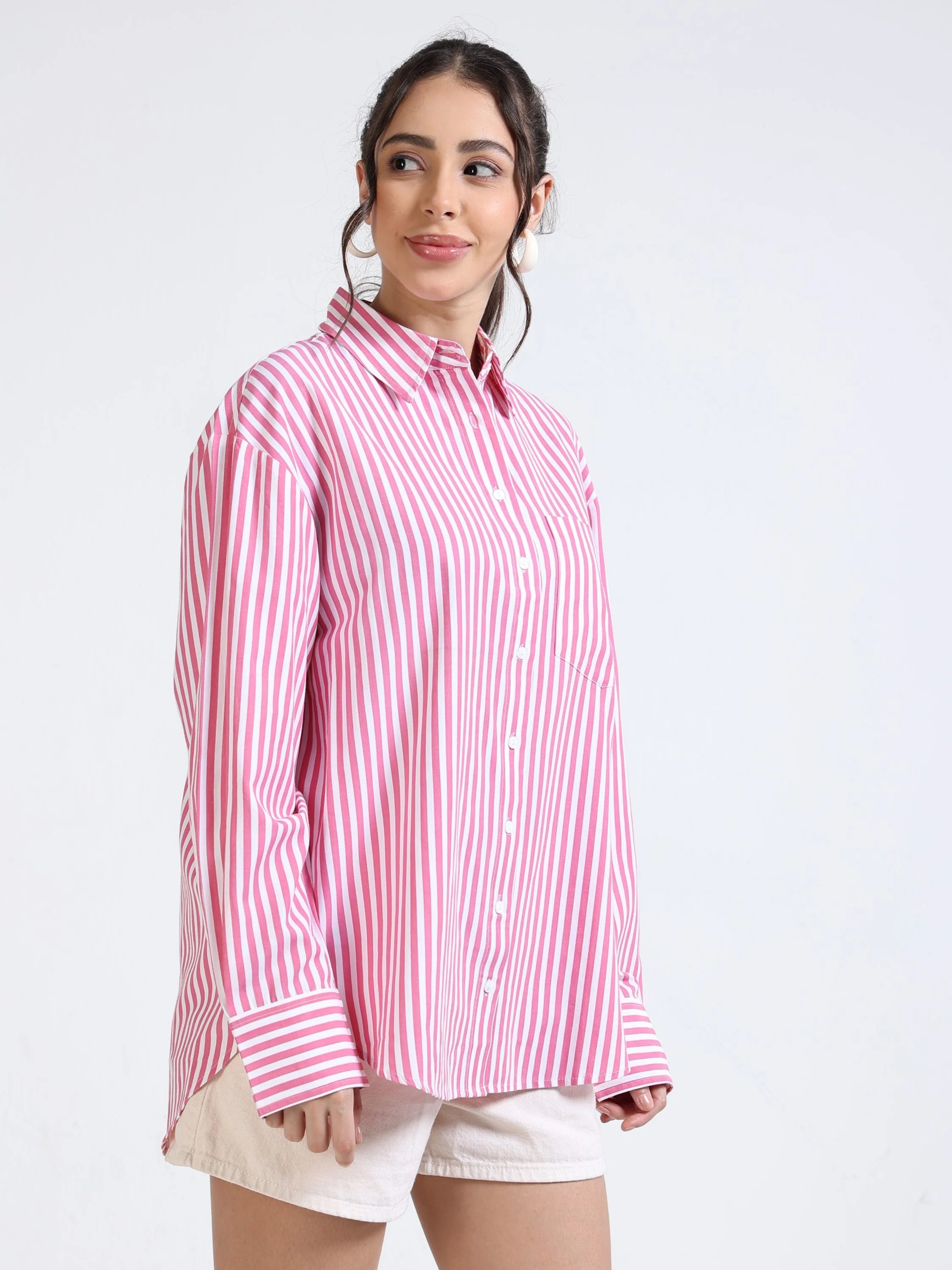 Women Pink White Oversized Shirt - Image 5