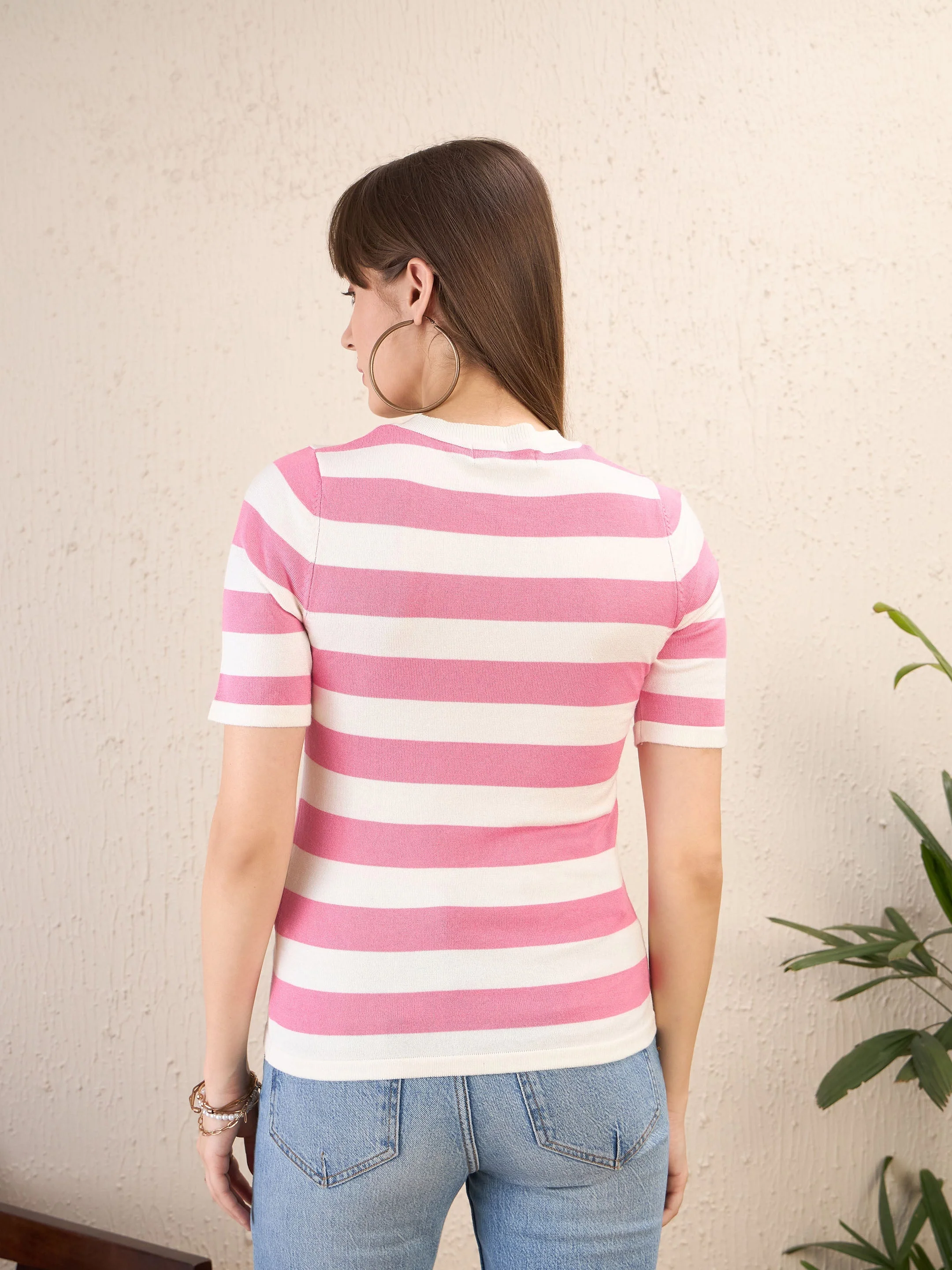 Women Pink & White Striped Acrylic Top - Image 2