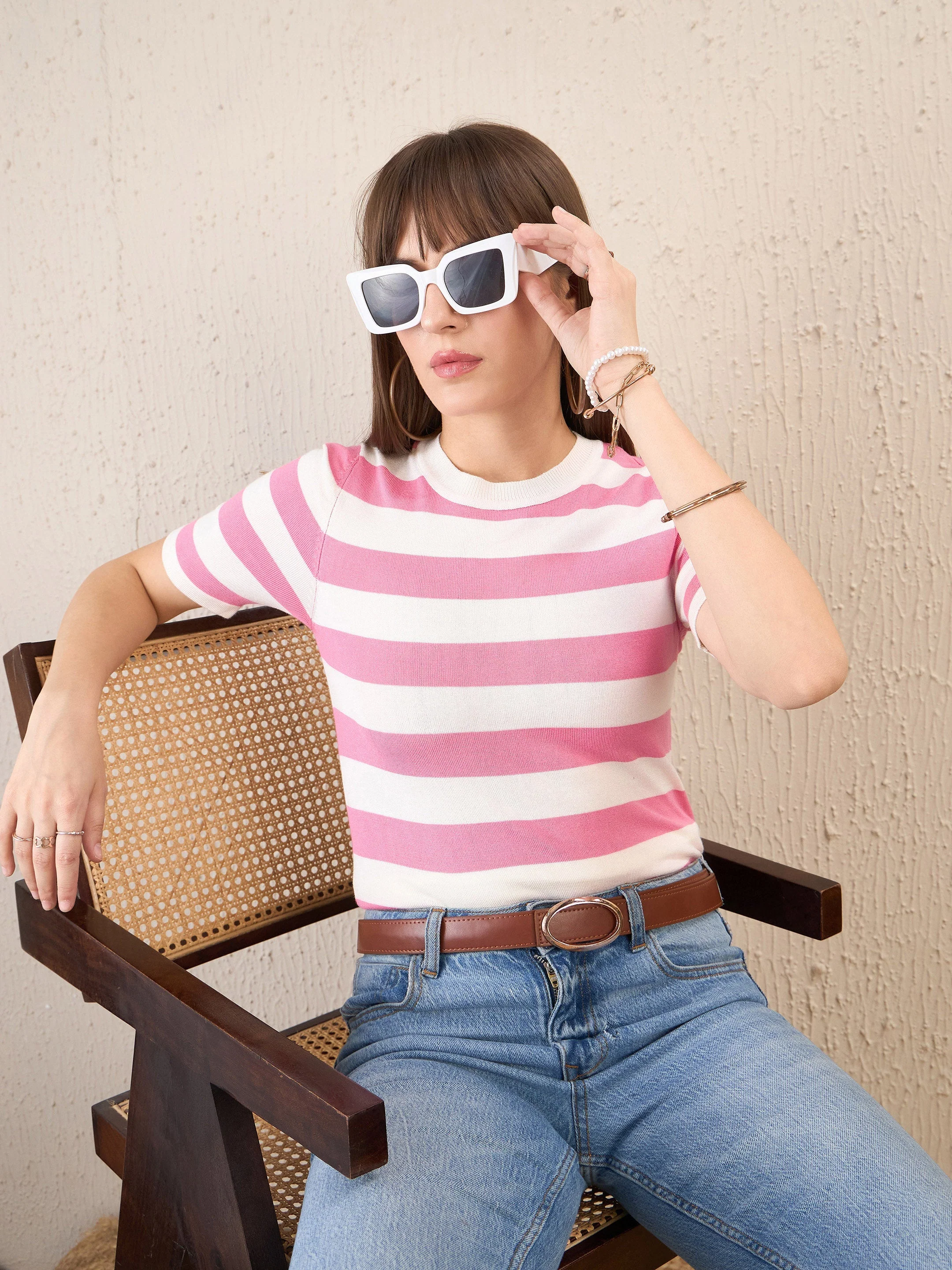 Women Pink & White Striped Acrylic Top - Image 5