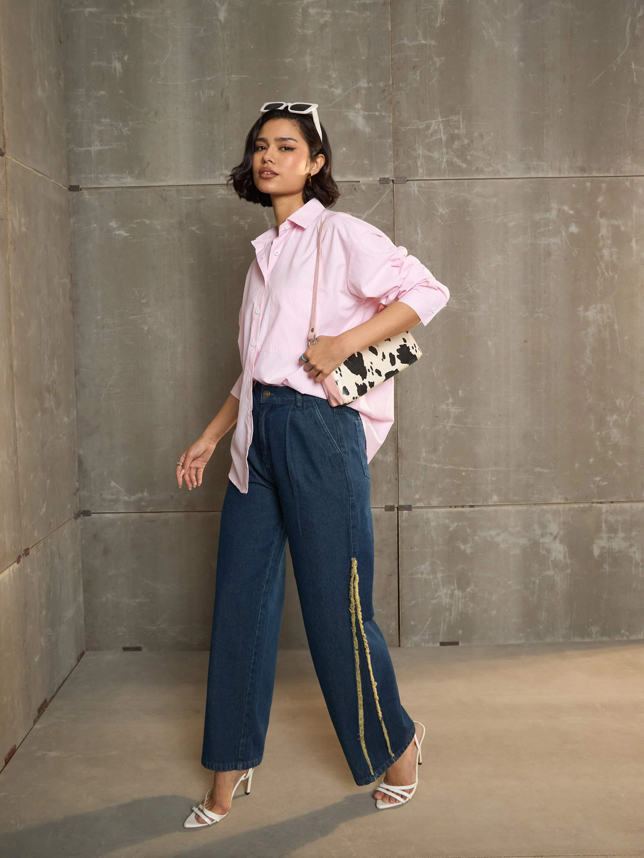Women Pink & White Striped Oversized Shirt - Image 2