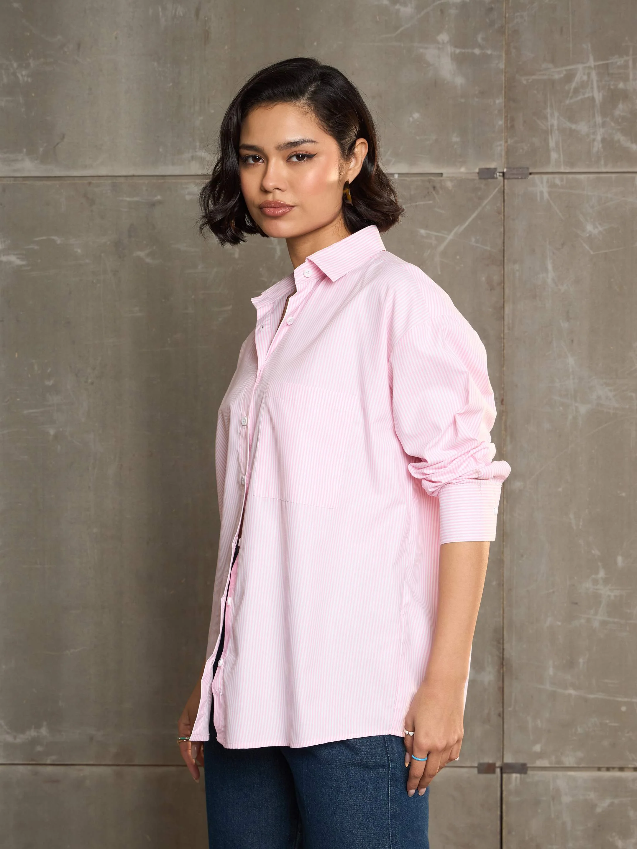 Women Pink & White Striped Oversized Shirt - Image 3