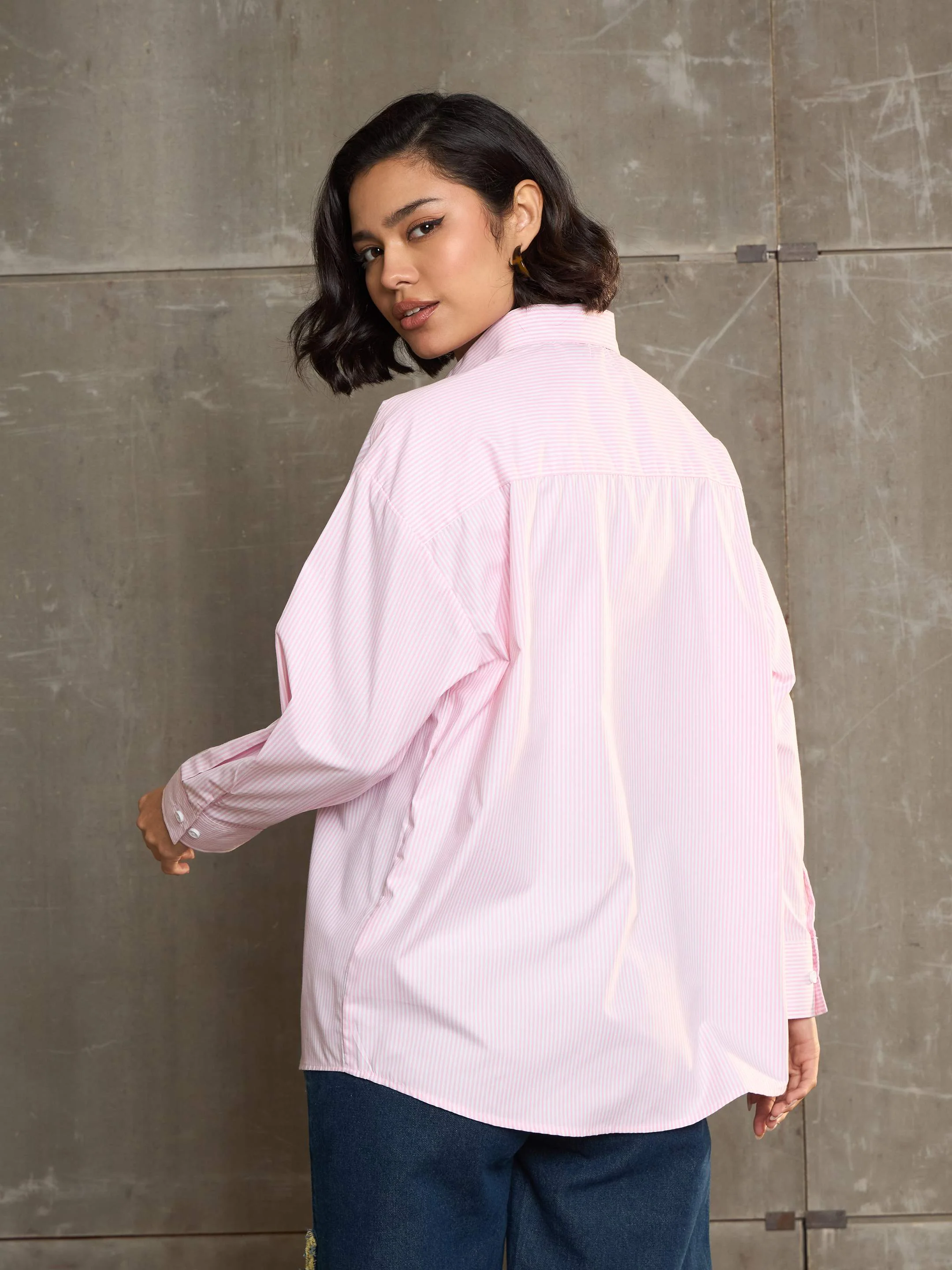 Women Pink & White Striped Oversized Shirt - Image 5