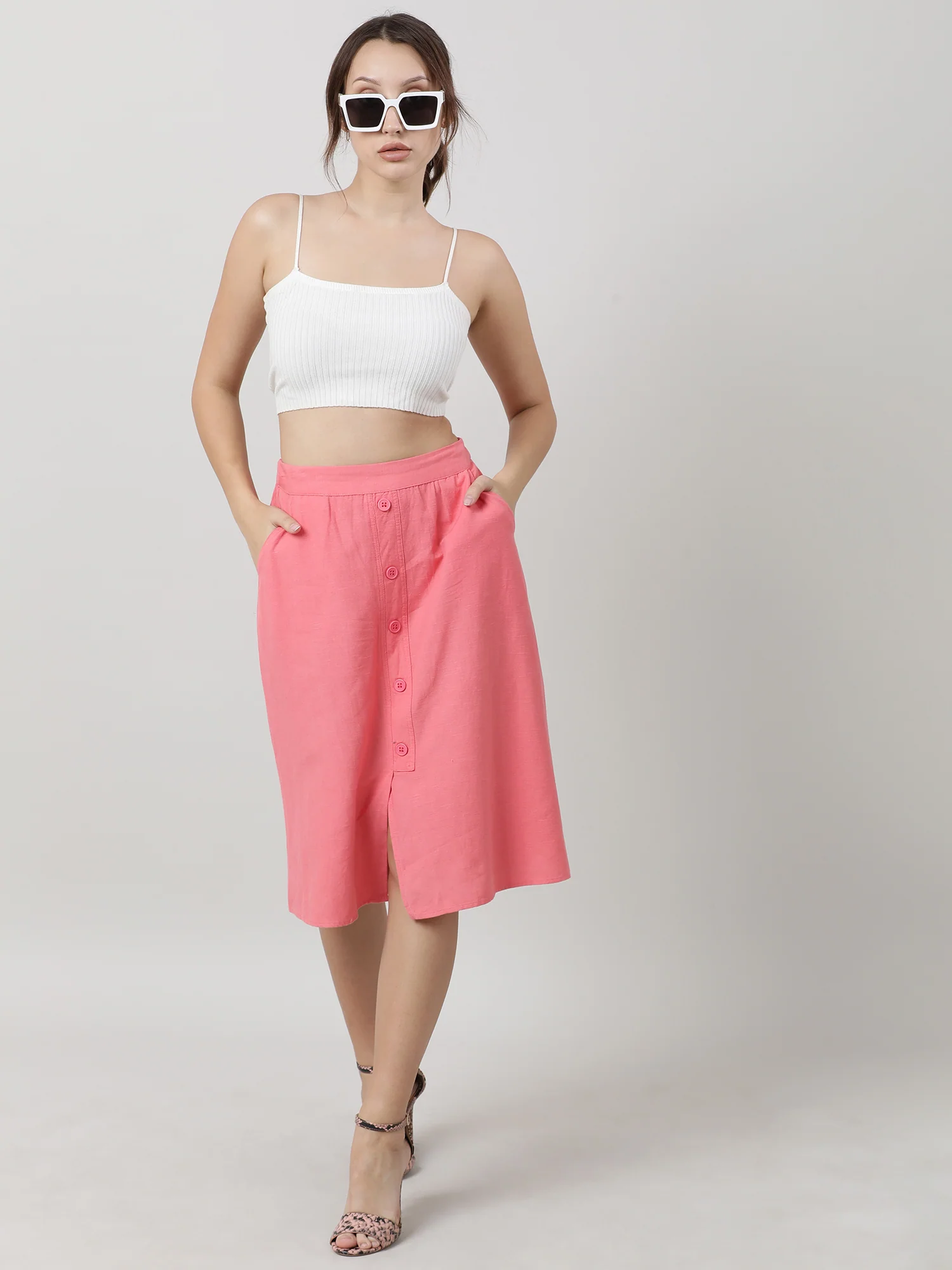 Women Pink With Pocket Midi Skirt - Image 2